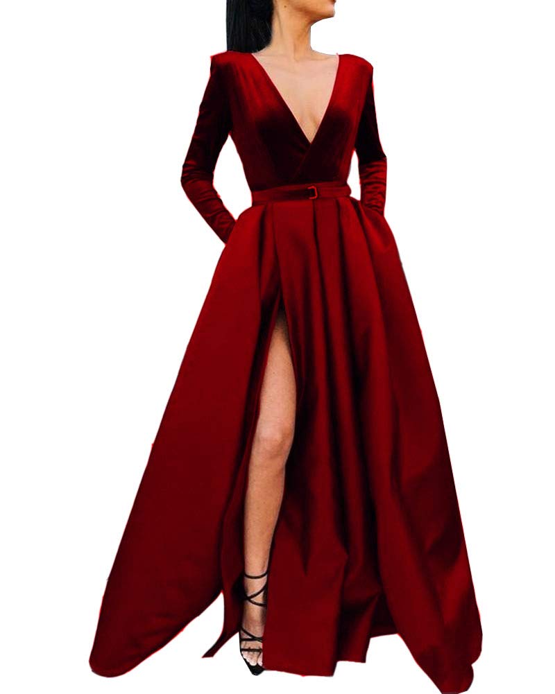 Honeydress Women's Velvet Satin V-Neck Long Sleeve Prom Dress with Pockets - Elegant Formal Evening Gown for Homecoming, Cocktail Parties & Special Occasions (Crimson)