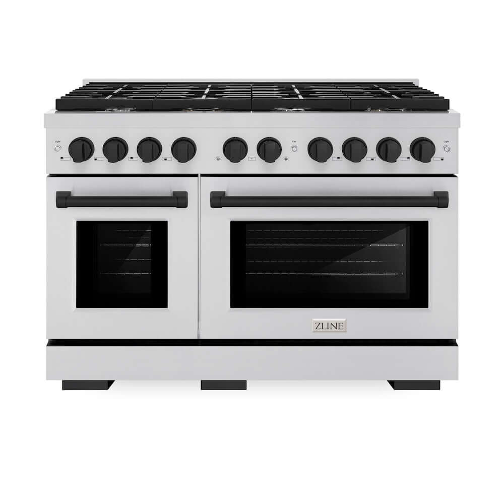 ZLINE Autograph Edition 48-Inch 6.7 cu. ft. Double Oven Gas Range with 8 Burner Cooktop - Stainless Steel & Matte Black (SGRZ 48 MB) | Professional Kitchen Appliance for Home Chefs & Entertaining