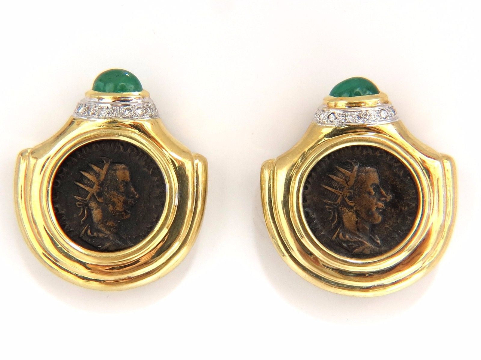 18Kt Gold 1.80ct Natural Emerald Diamond Coin Clip Earrings Byzantine Deco Style - Perfect for Weddings, Parties & Special Occasions