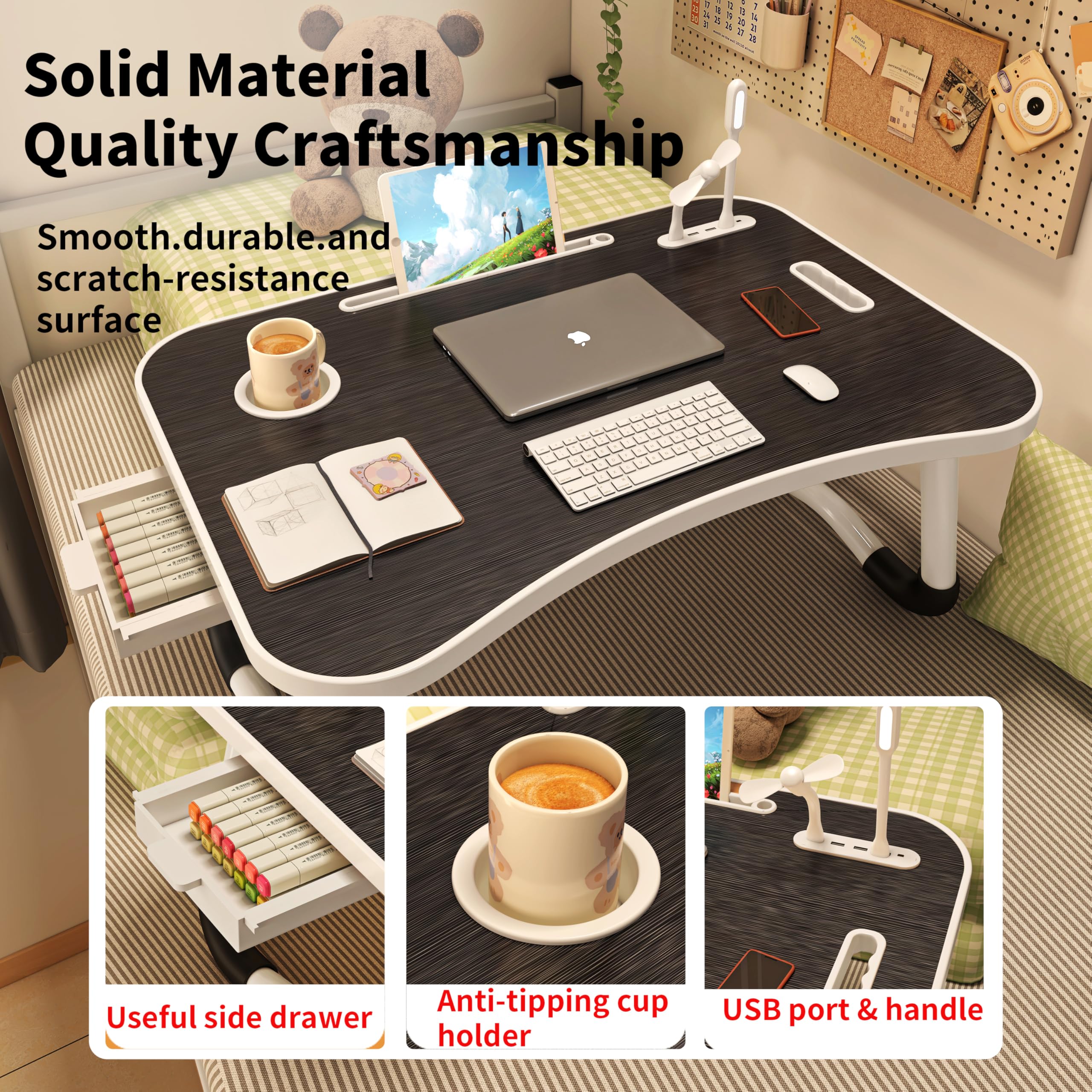 UNICOO® Foldable Laptop Stand with USB Charging Port | Adjustable Ergonomic Laptop Desk for Home Office, Bed & Sofa | Portable Lap Desk with Cup Holder, Tablet Slot & Storage Drawer | Perfect for Remote Work, Gaming & Studying (Ebony Black)