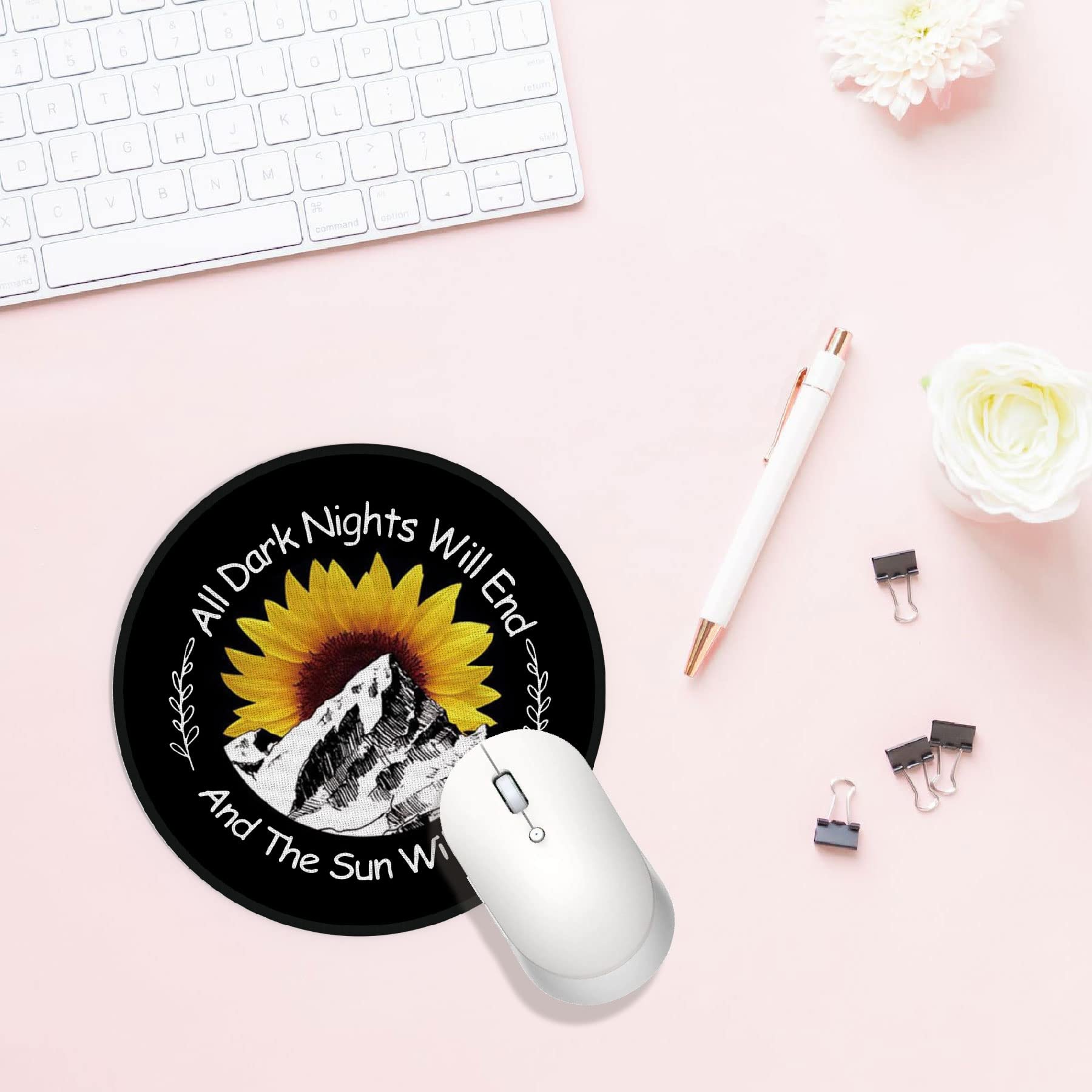 Yellow Sunflower Mountains Waterproof Round Mouse Pad - 7.9x7.9 Inch Non-Slip Rubber Base, Cute Desk Decor for Office, Home, Dorm | Perfect Gift for Sister, Daughter & Girls | Motivational Quote 'All Dark Nights Will End' | Great for Work, Gaming & Study Setup