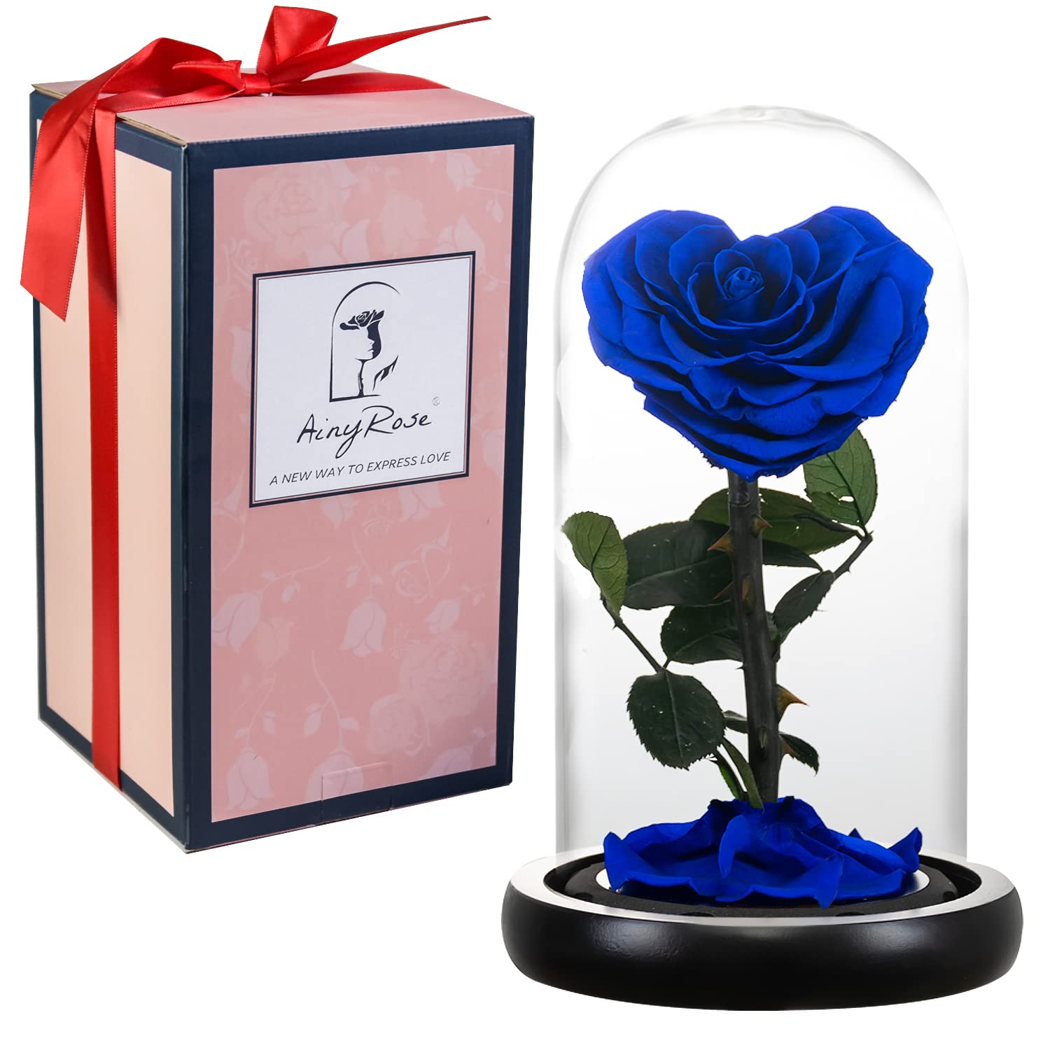 AINYROSE Preserved Real Rose in Glass Dome - Heart Shaped Eternal Flower Gift for Women, Mom, Wife (Blue) | Perfect Mother's Day, Birthday, Anniversary Romantic Present for Her | Home Decor, Wedding Centerpiece, Valentine's Day Gift