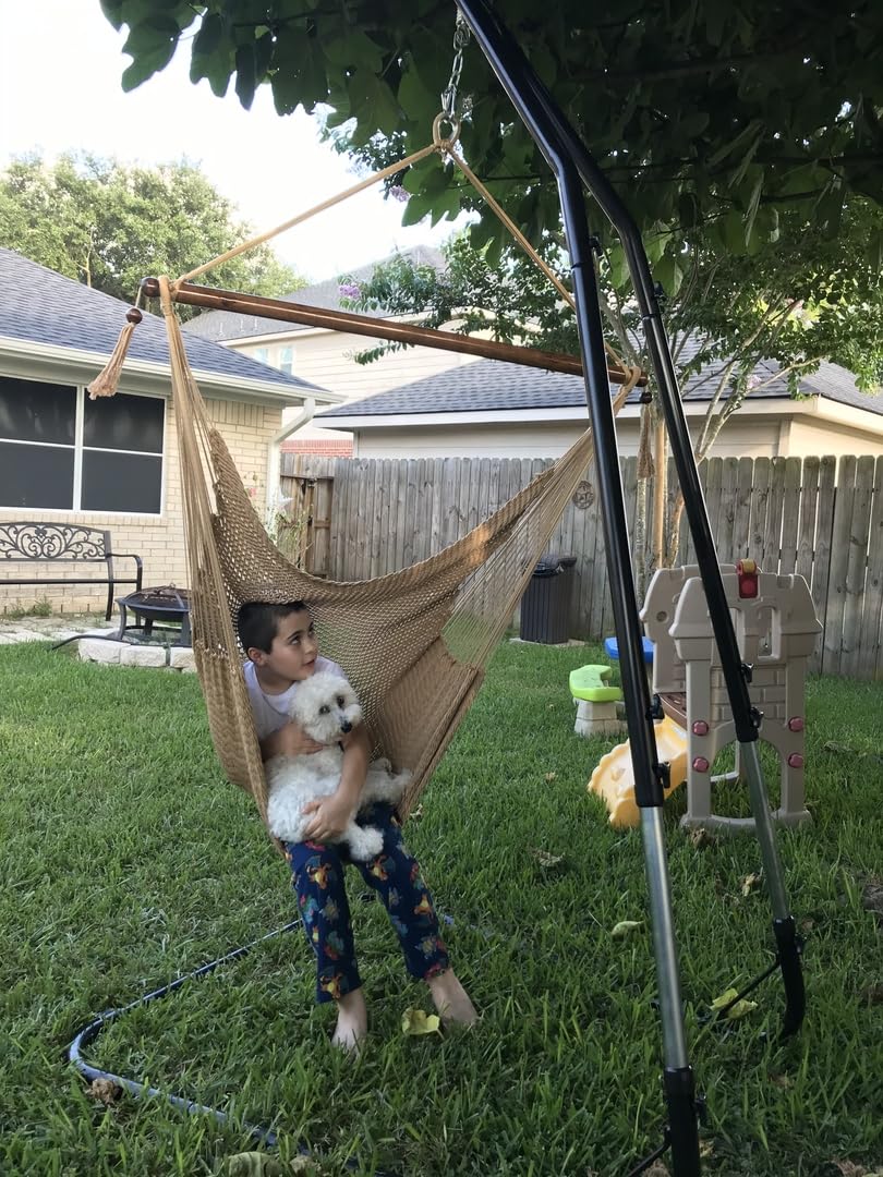 Sunnydaze Caribbean-Style Hanging Rope Hammock Chair with Adjustable Stand - 300 lb Weight Capacity - Tan - Perfect for Indoor & Outdoor Relaxation in Backyard, Patio, or Balcony