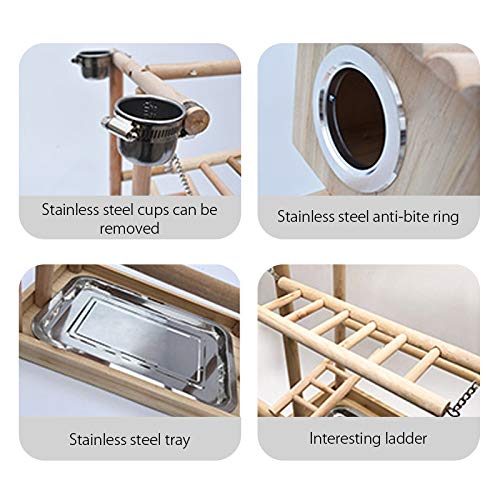 Natural Wood Bird Perch Stand with Bird House - Parrot Toy Playground, Swing, Bridge & Ladder for Macaw, Cockatiel, Budgie, Conure - Cage Accessories for Climbing, Playing & Resting - Perfect for Bird Cages, Aviaries & Pet Play Areas