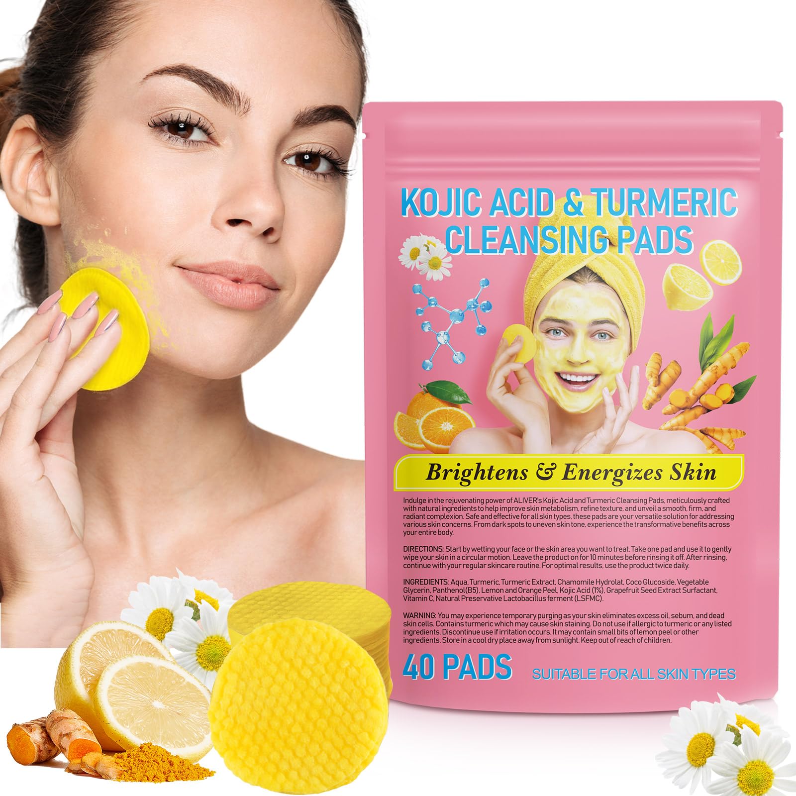 Turmeric Kojic Acid Cleansing Pads for Acne & Dark Spots | Exfoliating Face Pads to Balance Oil & Water | Unclog Pores & Reduce Scars | Infused Foaming Treatment for Glowing Skin | Perfect for Daily Skincare Routine & Travel