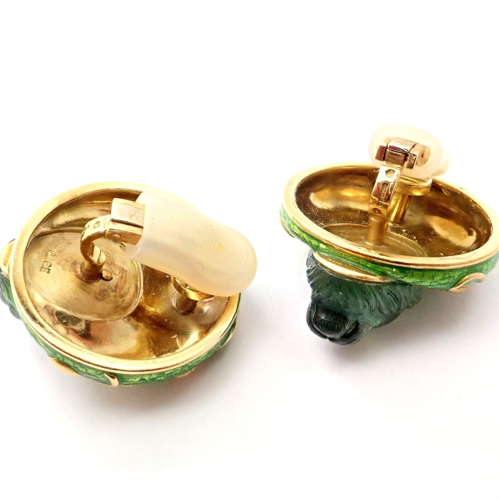 Elizabeth Gage 18k Yellow Gold Carved Green Tourmaline Enamel Lion Earrings - Luxury Statement Jewelry for Women, Perfect for Parties, Weddings & Special Occasions