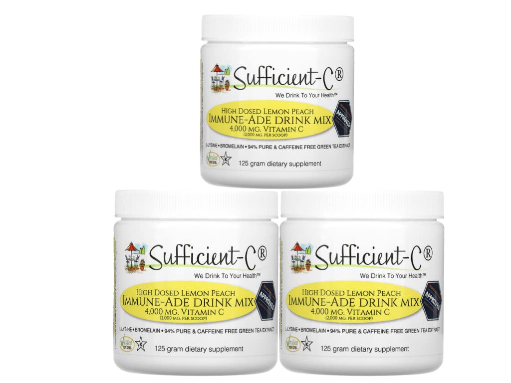 Sufficient-C High Dose Vitamin C Lemon Peach Immune Support Drink Mix - 125g (3 Pack) | Boosts Immunity & Energy | Perfect for Travel, Workouts & Daily Wellness