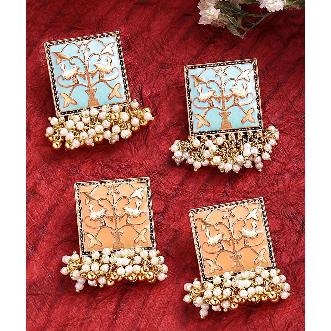 Yellow Chimes Stud Earrings for Women - 2 Pairs Multicolor Meenakari Moti Design Traditional Jewelry Set | Perfect for Daily Wear, Parties & Festive Occasions