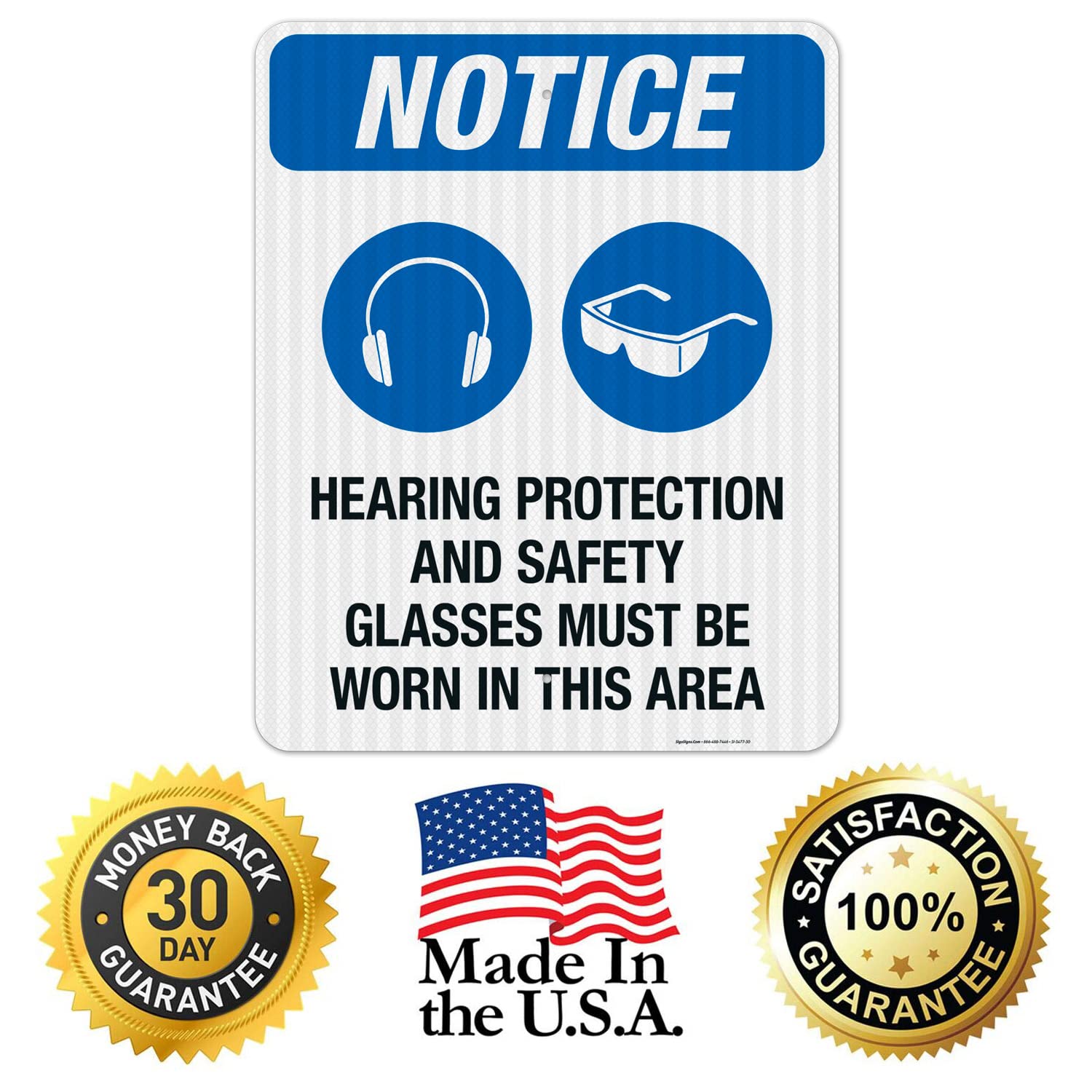 OSHA Compliant Safety Sign - 24x30 Inches 'Hearing Protection and Safety Glasses Required' Reflective Aluminum Sign | 3M EGP .080 Thick, Fade Resistant for Indoor/Outdoor Use | Made in USA | Perfect for Construction Sites, Factories & Hazardous Work Areas