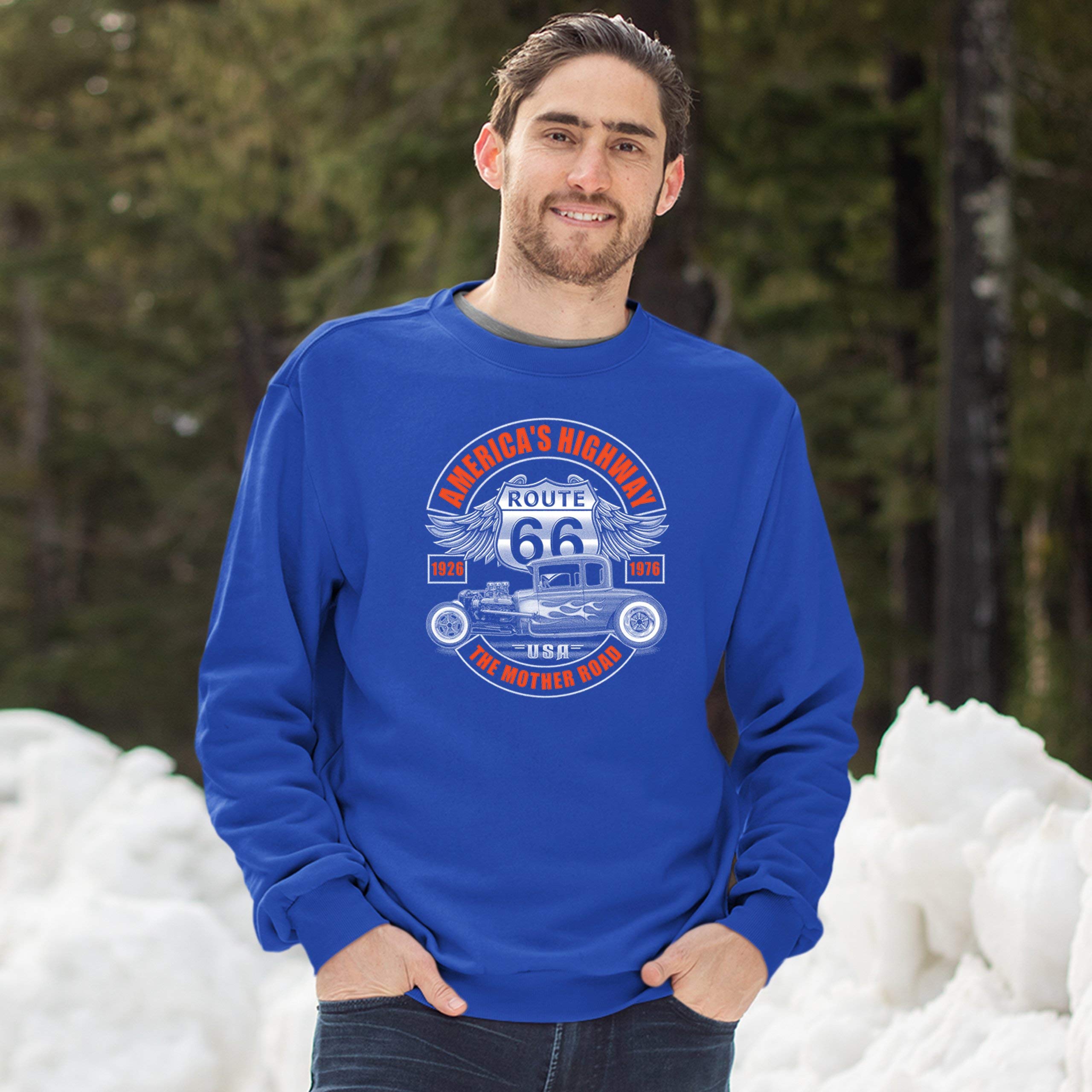 Vintage Route 66 Sweatshirt - The Mother Road America's Highway Hot Rod Crewneck Pullover for Road Trips & Classic Car Enthusiasts