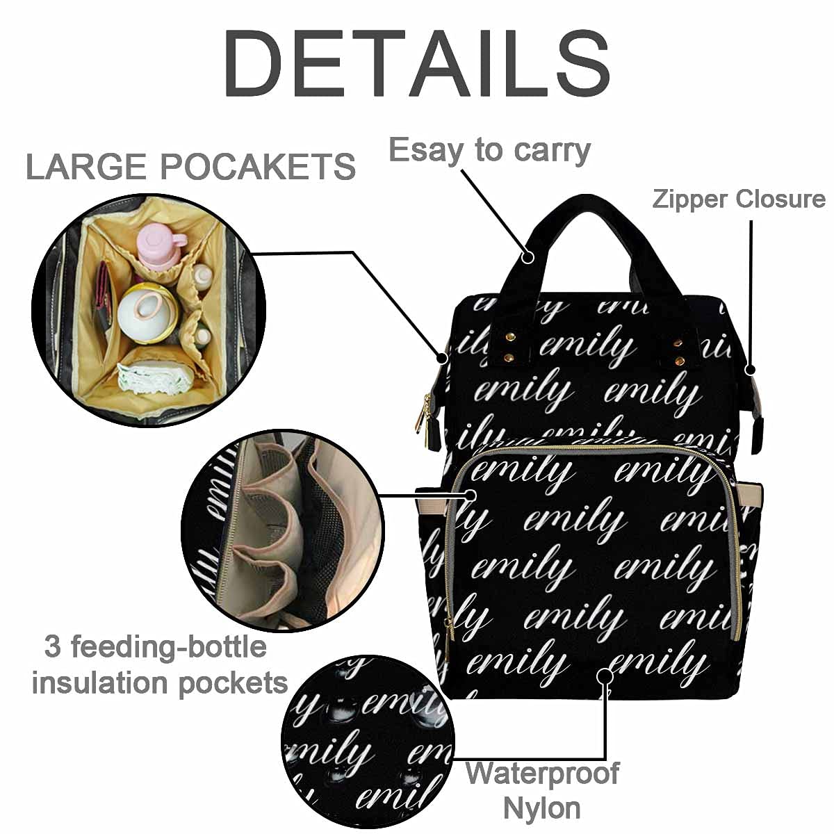 Custom Monogrammed Diaper Backpack - Personalized Baby Name Black Mommy Bag for Boys & Girls | Waterproof Multifunctional Travel Daypack | Perfect Baby Shower Gift & Everyday Parenting Essential
