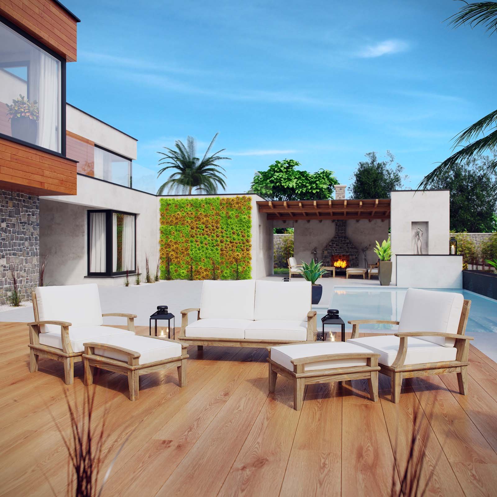 Modway Marina Premium Grade A Teak Wood 5-Piece Outdoor Patio Furniture Set - Natural White Finish - Perfect for Backyard, Garden, Poolside & Patio Relaxation