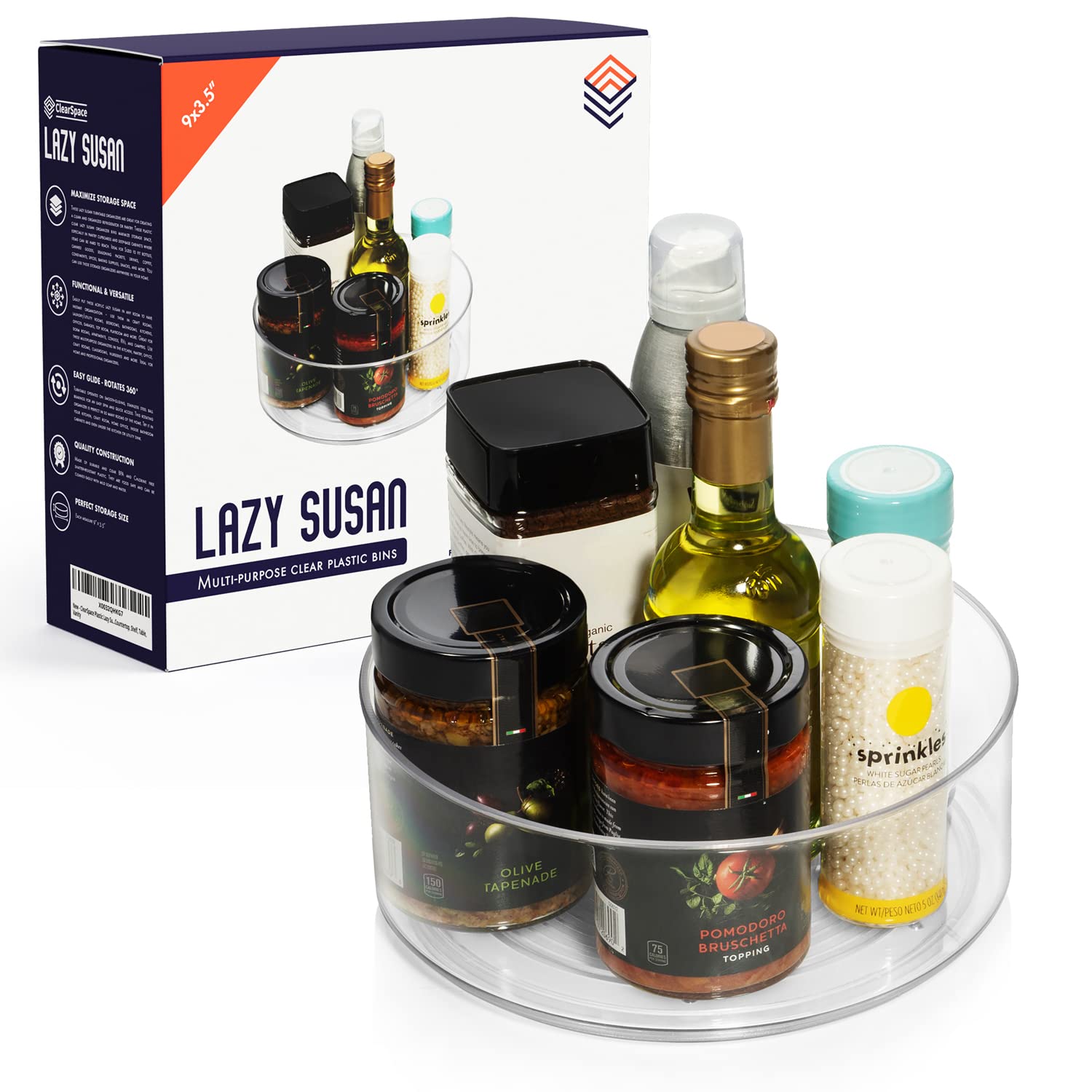 ClearSpace 12-Inch Plastic Lazy Susan Turntable - 360° Rotating Spice Rack Organizer for Kitchen Cabinet, Pantry & Countertop - Perfect for Storing Condiments, Baking Supplies & Makeup - Durable Space-Saving Storage Solution for Home & Office Use