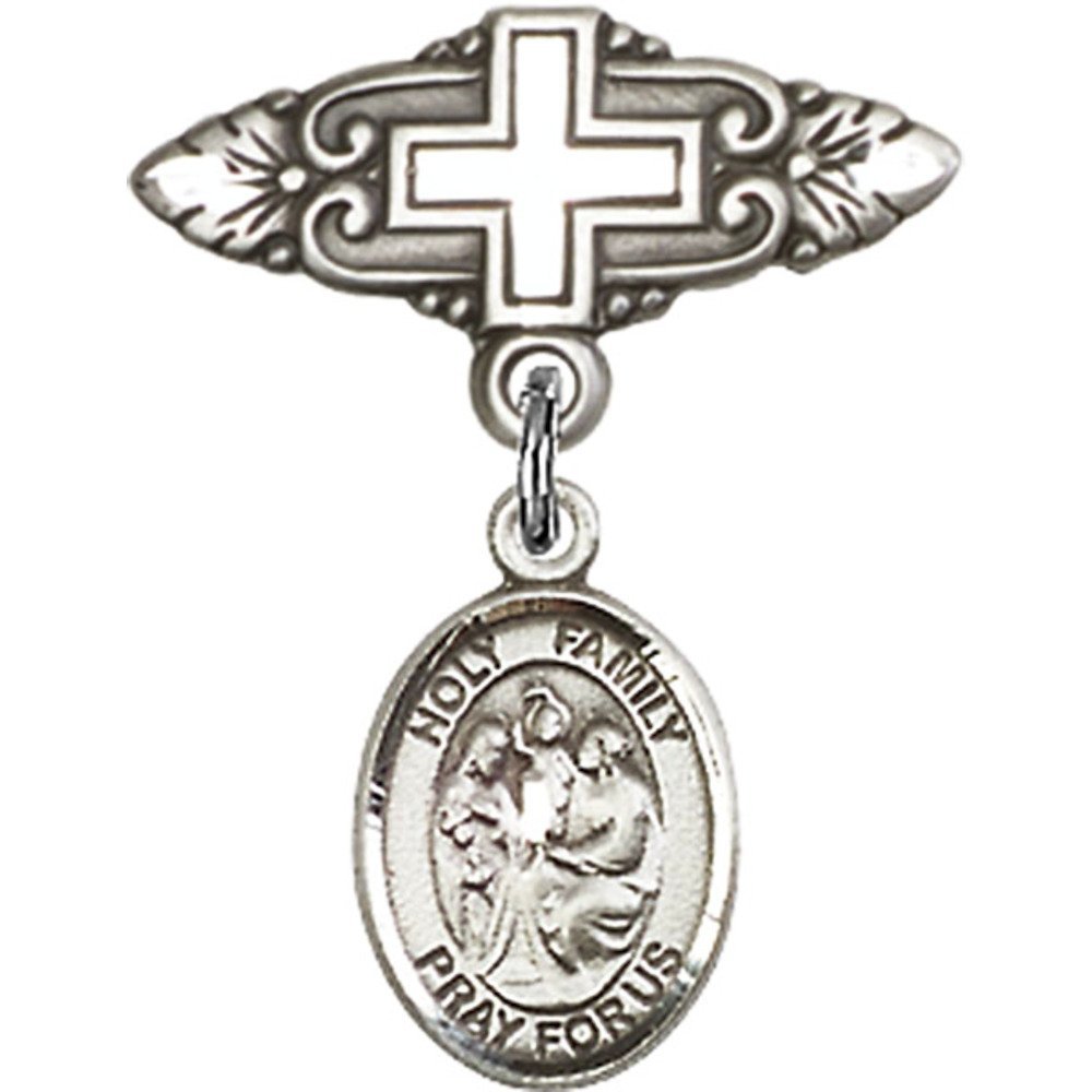 1 X 3/4 Inch Sterling Silver Baby Badge with Holy Family Charm & Cross Pin - Perfect for Christenings, Baptisms & Religious Gifts