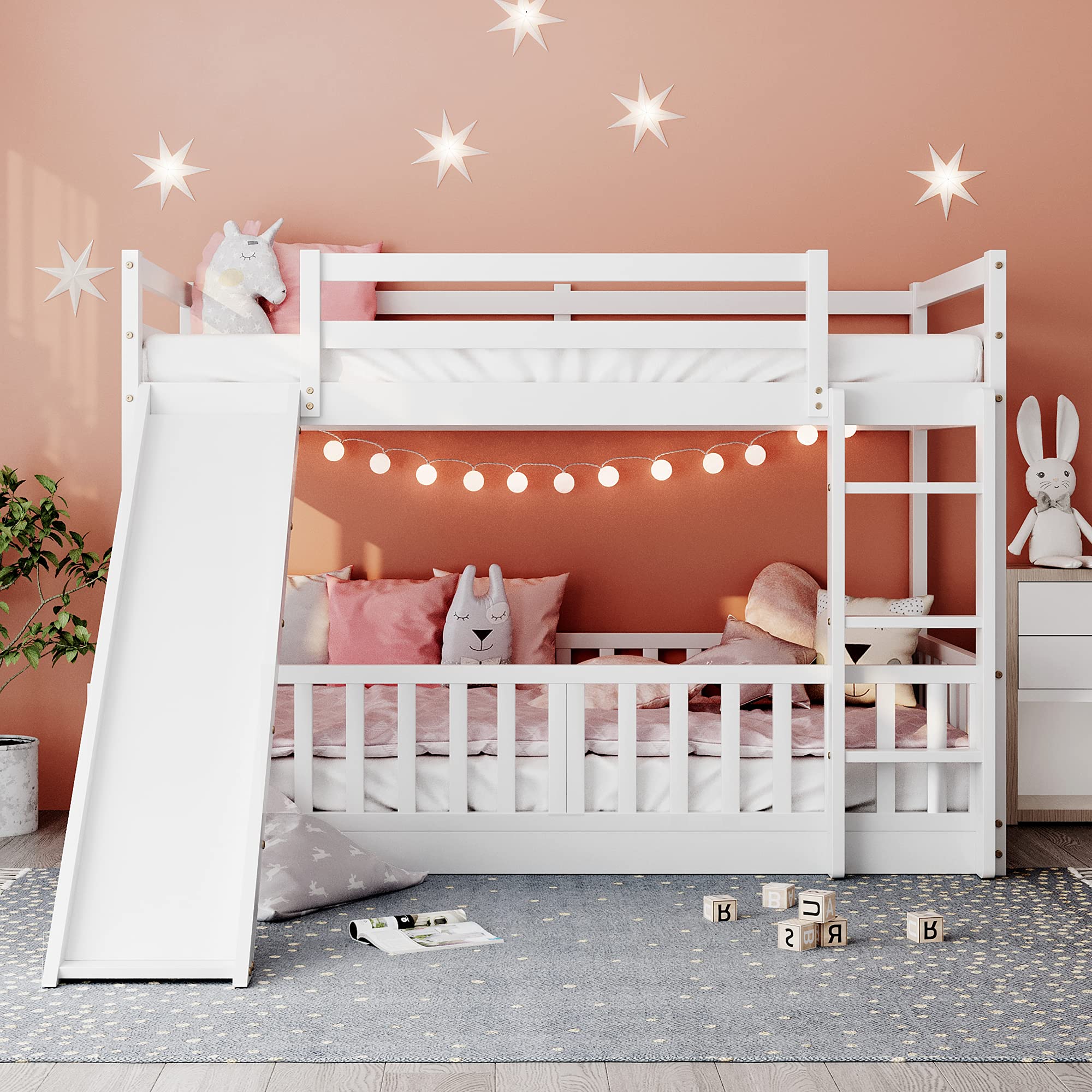 Twin Over Twin Bunk Bed with Slide & Ladder - Sturdy Kids Bunk Bed for Children & Teens, No Box Spring Required | Perfect for Small Bedrooms, Shared Kids Rooms & Sleepovers