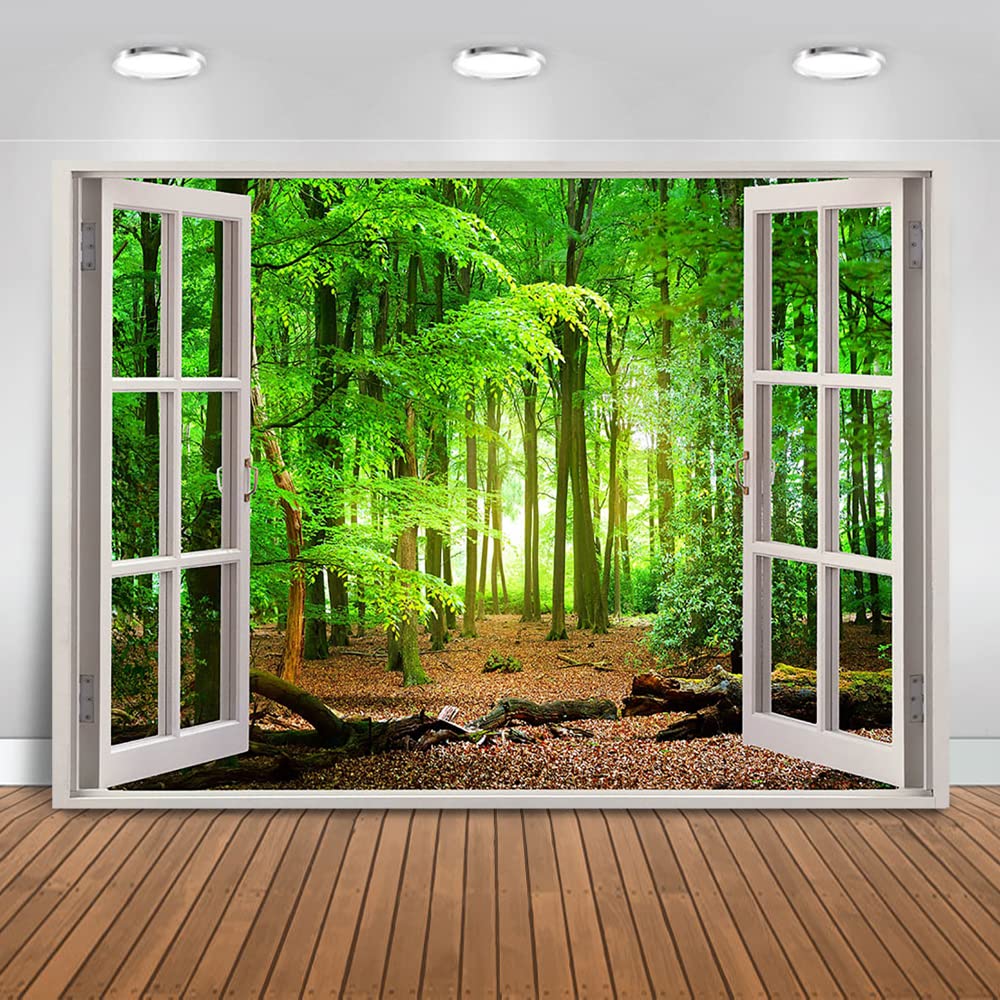 8x6ft Green Forest Trees Backdrop - Spring Window View Nature Scenery Wall Decoration for Baby Kids Portrait, Party Banner & Photo Booth Props | Perfect for Birthday Parties, Baby Showers, and Indoor Photography