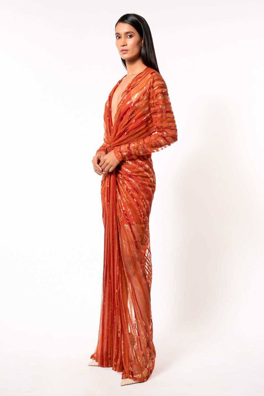 Elegant Tangerine Gown with Hand-Sewn Sequins - Perfect for Evening Parties, Prom Dresses & Special Occasions
