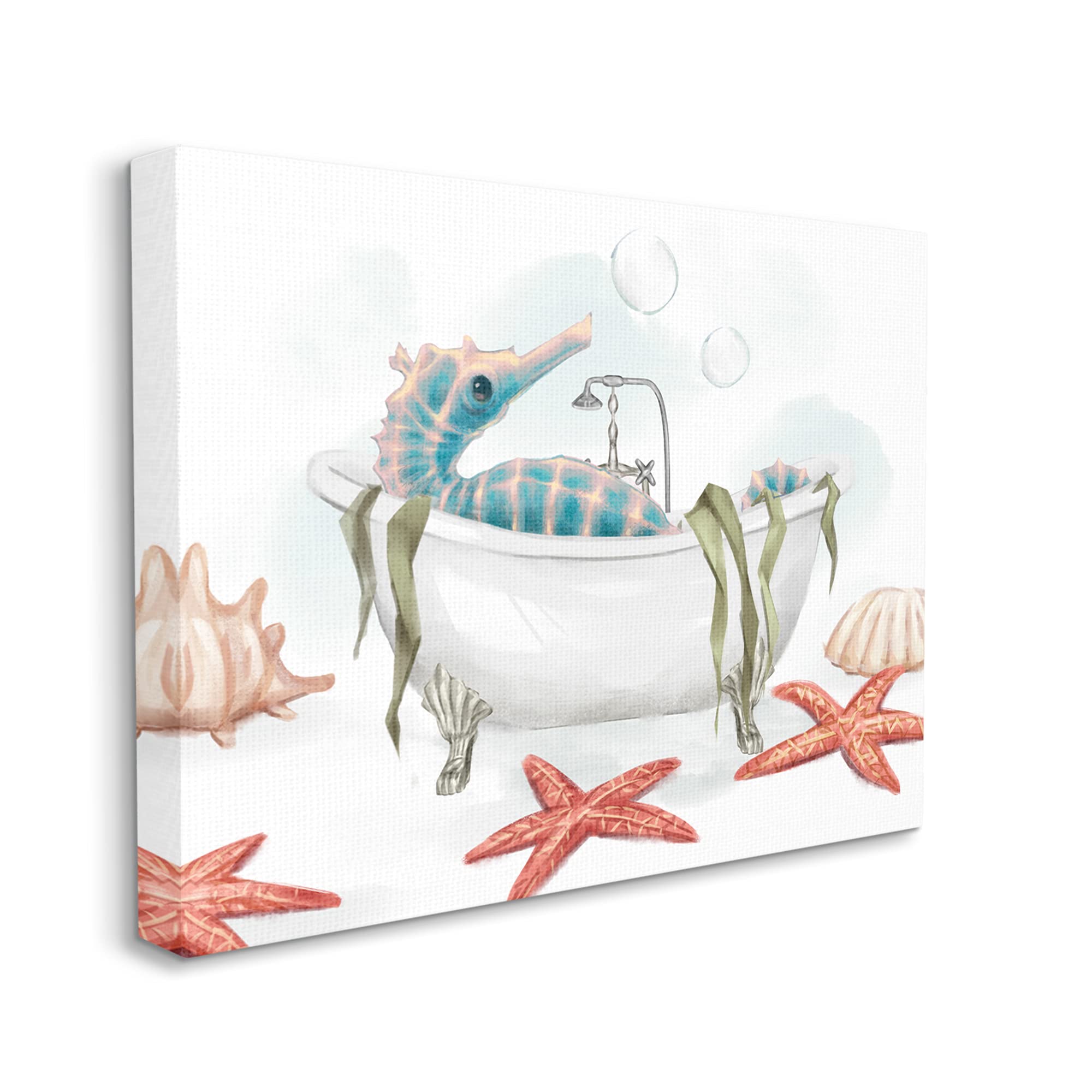 Stupell Industries Seahorse Resting Nautical Bath Tub Starfish Bubbles Canvas Wall Art - Coastal Beach Decor for Bathroom, Nursery & Living Room | Designed by Ziwei Li | Red Ocean Theme Painting