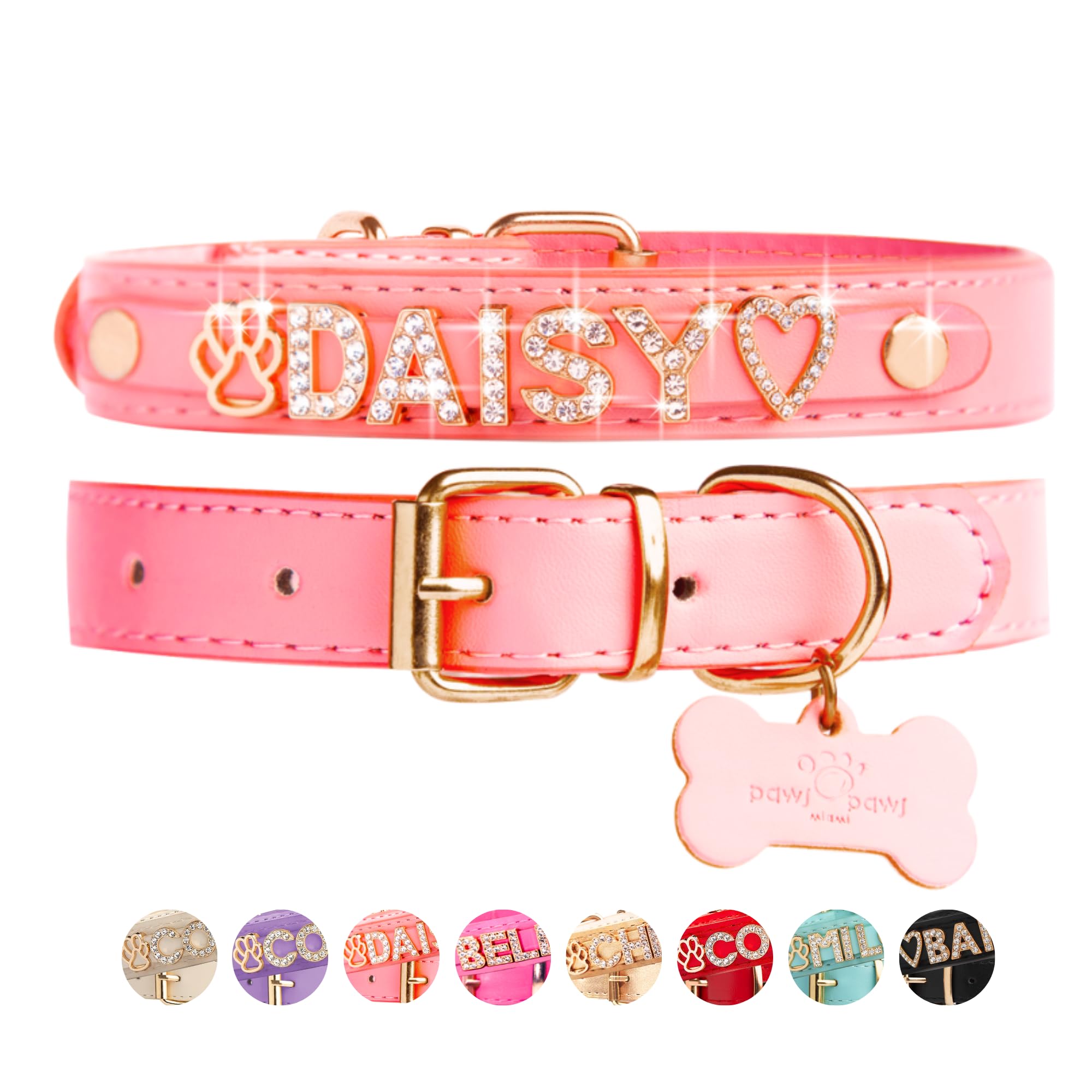 Custom Personalized Dog Collar for Medium Dogs - Gold Plated Cubic Zirconia Initials & Charm Jewels - Pink Miami Style Pet Accessory - Perfect for Daily Walks, Special Occasions & Gift Giving