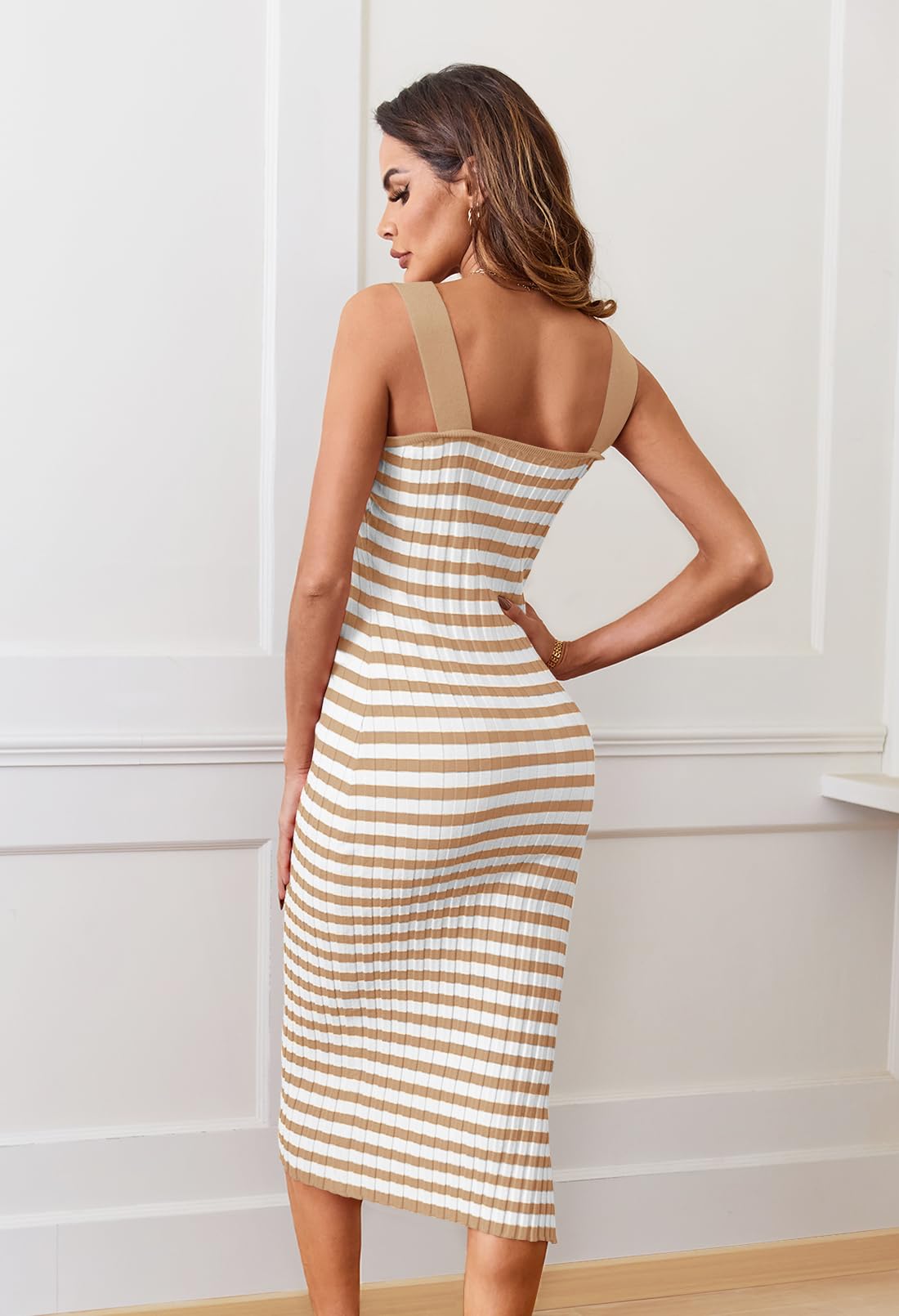 MEROKEETY Women's Bodycon Midi Dress - Sleeveless Ribbed Knit Striped Sweater Dress for Spring Summer 2025 | Party, Vacation, Date Night & Casual Wear