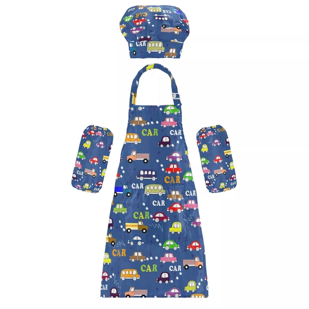 Kids Chef Apron and Hat Set - Solid Color Bib Apron with Front Pocket + Adjustable Cooking Cap - Cartoon Car Print (48x52cm) - Perfect for Cooking, Baking, and Pretend Play