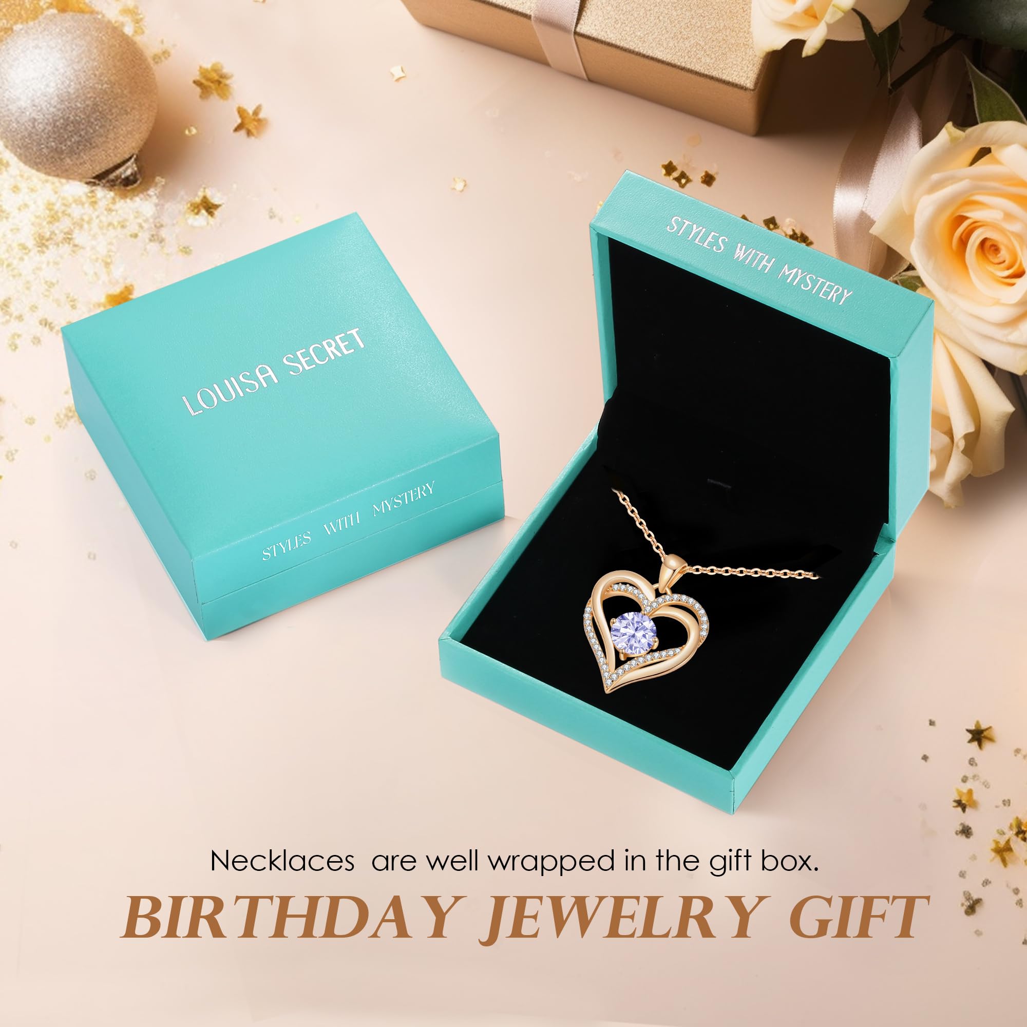 LOUISA SECRET Love Heart Birthstone Necklace for Women - 925 Sterling Silver Pendant Jewelry, Personalized Birthday Gift for Her, Anniversary & Mother's Day Present - Perfect for Romantic Occasions & Special Celebrations