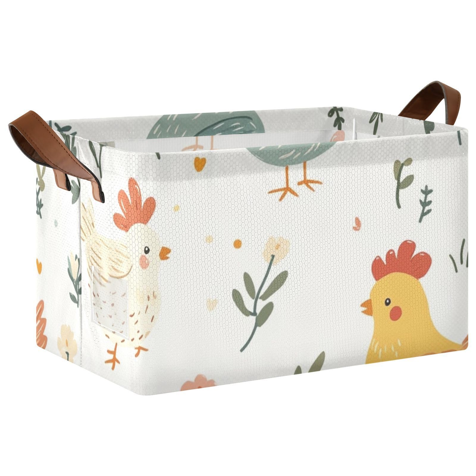 Cute Floral Chicken Cartoon Storage Bins with Handles - 2 Pack Decorative Organizer Baskets for Closet, Bedroom, Kids Room & Nursery Organization