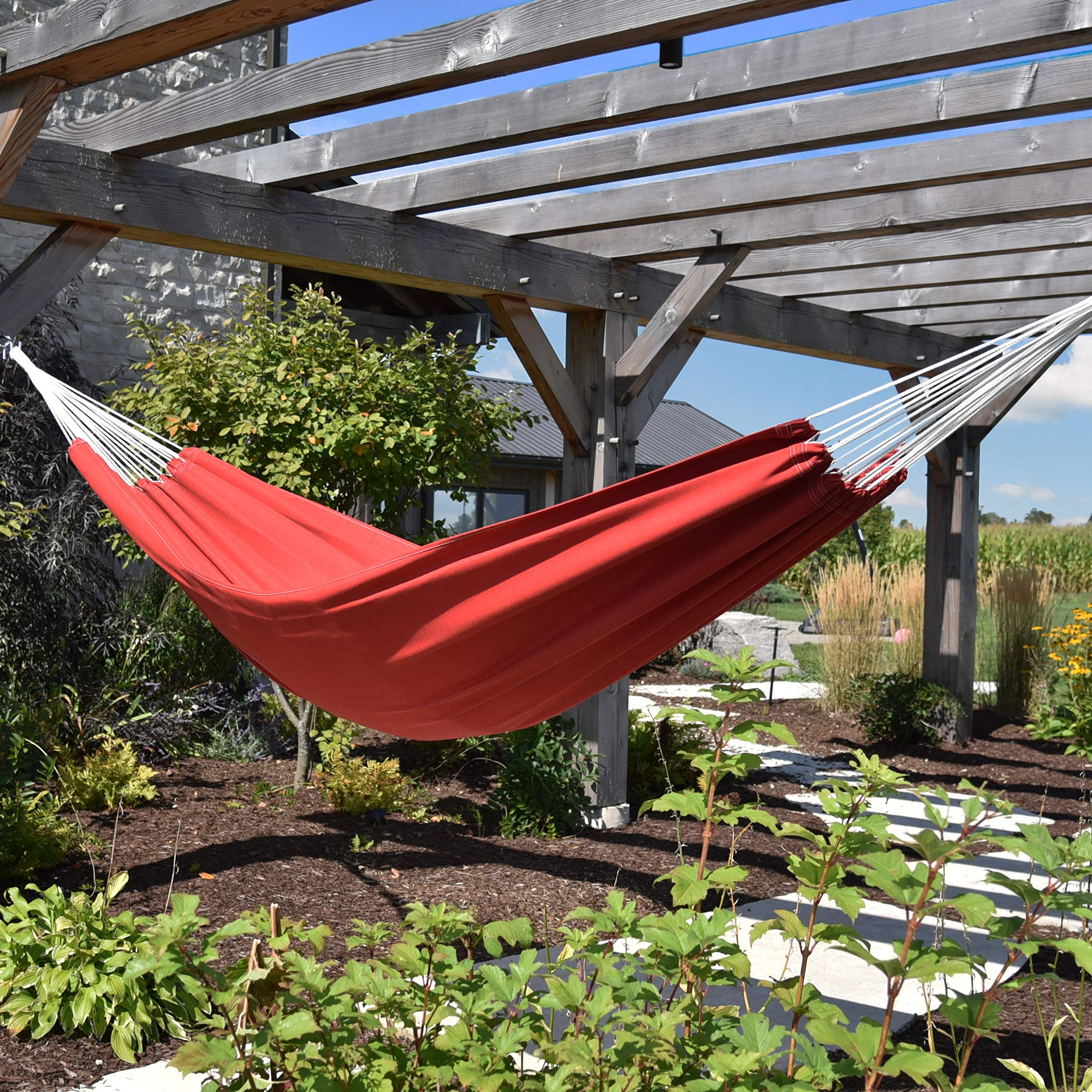 Vivere Double Brazilian Fade and Weather-Resistant Hammock (Crimson) - Perfect for Backyard, Camping, Beach & Outdoor Relaxation