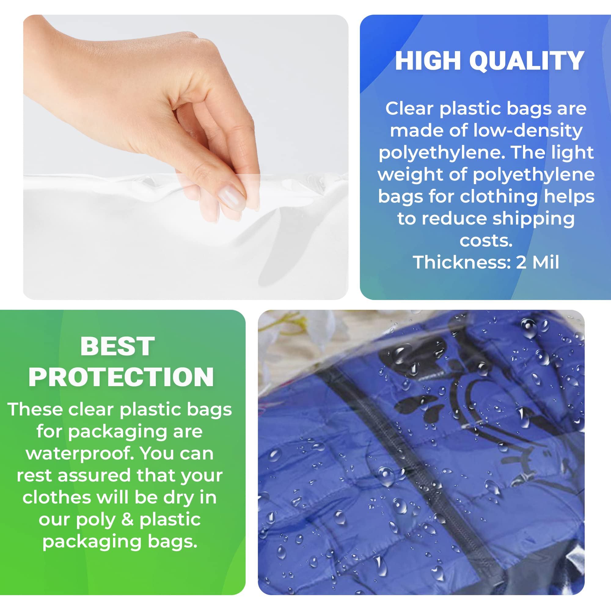 250 Pack Clear Plastic Bags 24x36 Inches - 2 Mil Thick Waterproof Poly Bags for Clothing, Shoes & Retail Shipping | Open End Design for Easy Packing | Perfect for Online Sellers, Storage & Garment Protection