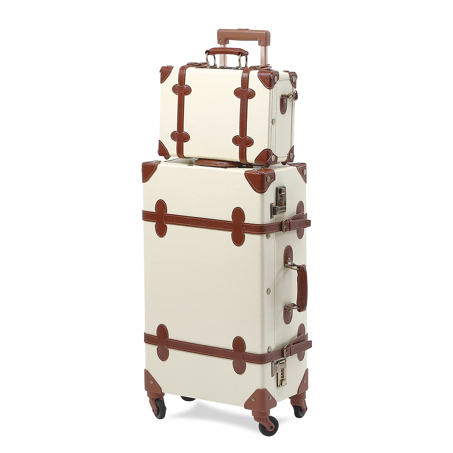 Vintage Leather Luggage Set for Women - 2 Piece Carry On Trolley Suitcase with 360° Spinner Wheels, Handcrafted Travel Bag & Cosmetic Train Case (20