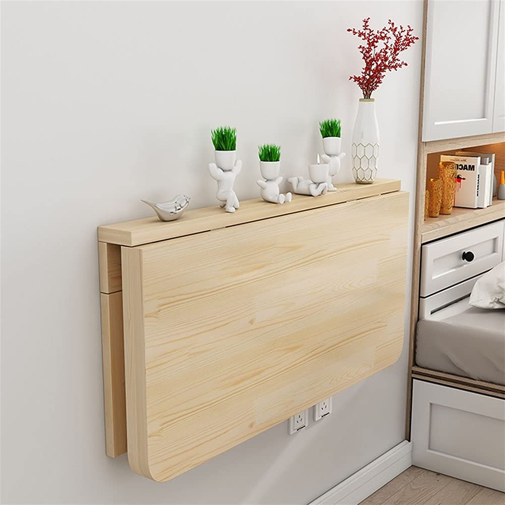 Foldable Wall Mounted Table - Natural Pine Wood Dining & Computer Desk with Triangular Bracket for Small Spaces | Perfect for Kitchen, Home Office, Laundry Room & Bar Use