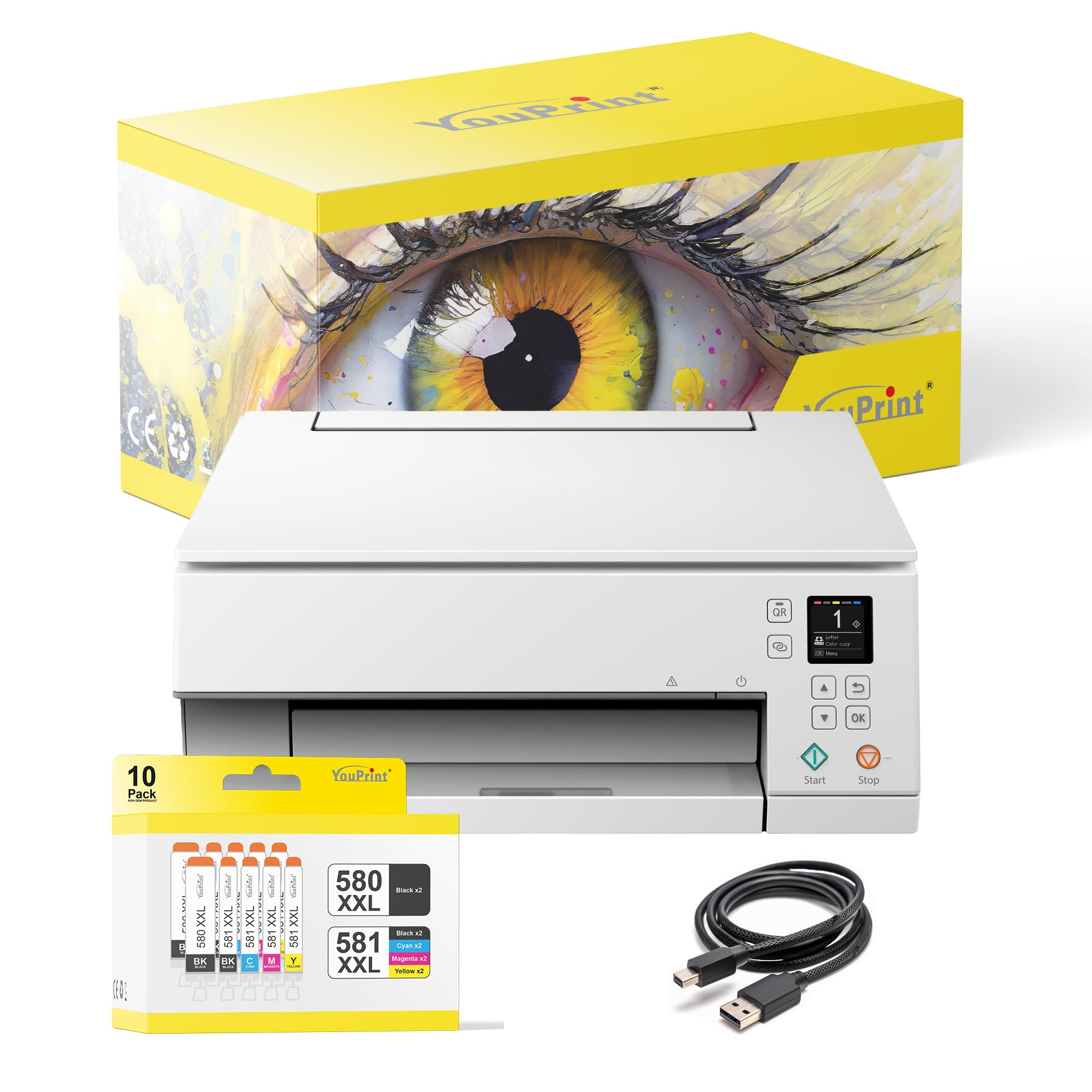 YouPrint TS6351a All-in-One Printer with Scanner & Copier - 10 Compatible Ink Cartridges for Canon 580/581 XXL - Perfect for Home Office, Small Business & School Projects