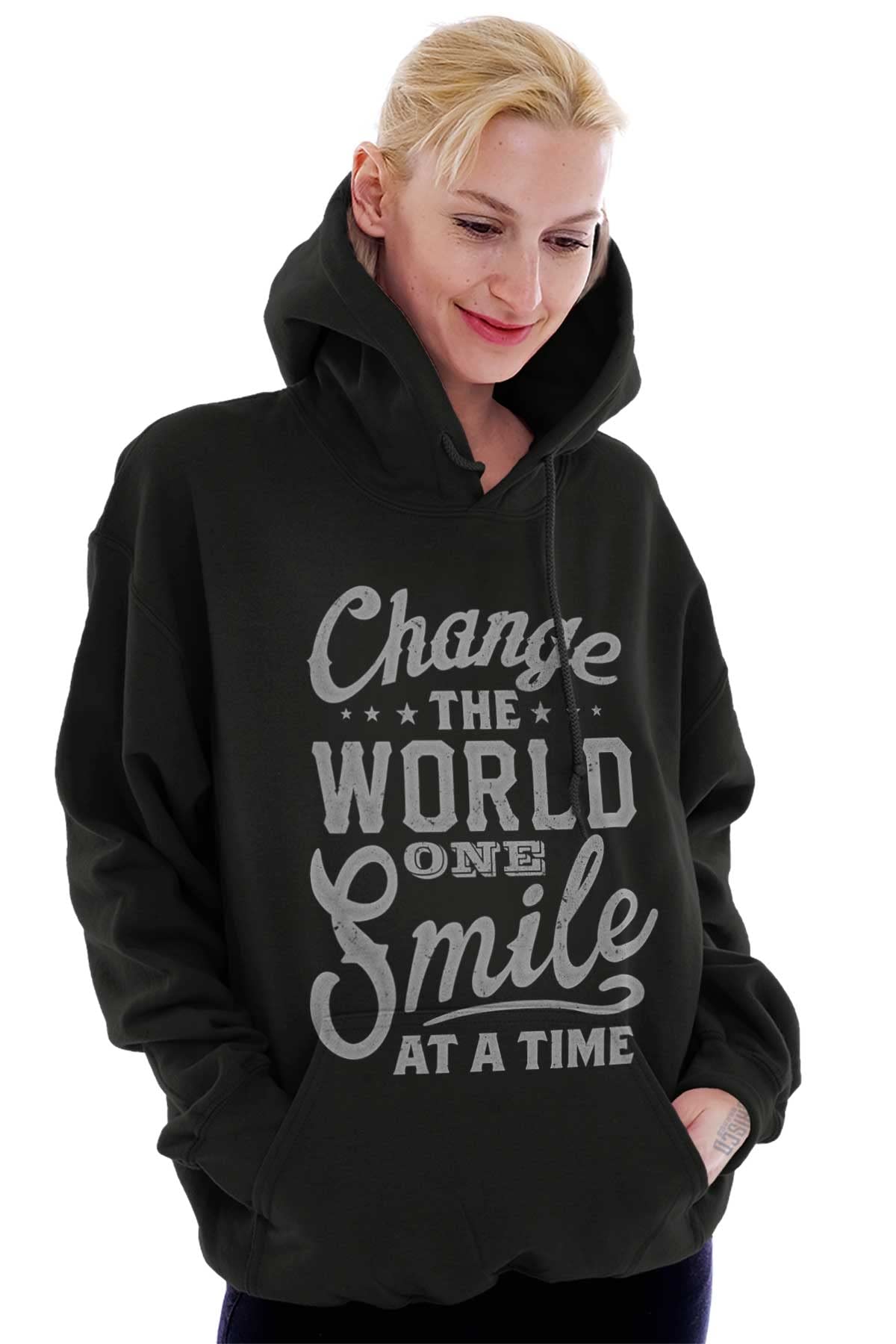 Brisco Brands Women's Hoodie Sweatshirt - Inspirational 'Change the World One Smile at a Time' Pullover | Cozy Casual Wear for Everyday, Gym & Outdoor Activities