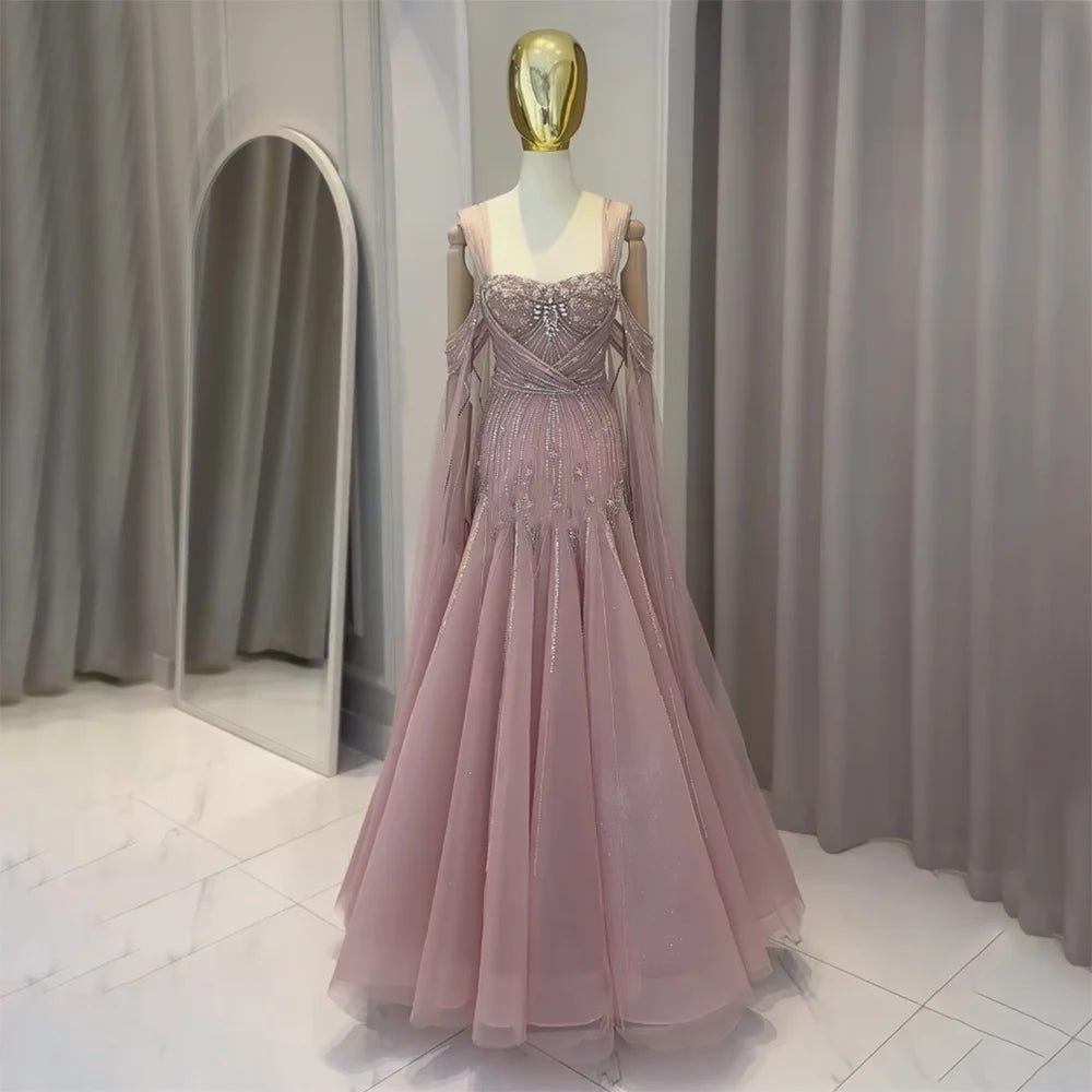 Elegant Dubai Pink Beaded Spaghetti Strap A-Line Evening Gown with Cape Sleeves for Women - Formal Party, Prom, Wedding Guest Dress LA72726 | Perfect for Red Carpet Events, Galas & Special Occasions