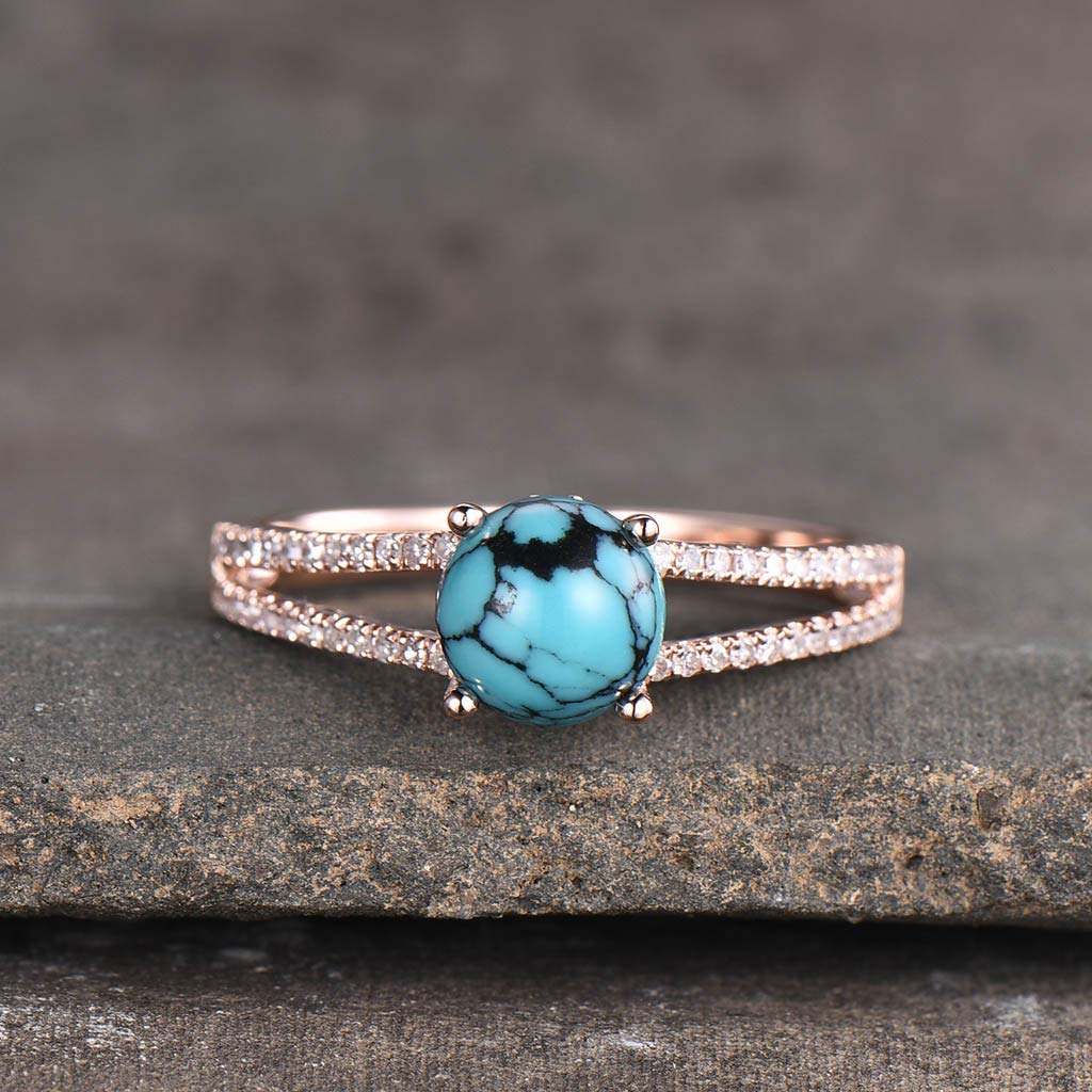 7mm Turquoise Engagement Ring for Women - Man Made Diamond CZ Wedding Band, Round Cut Half Eternity Ring - Perfect for Proposals, Anniversaries & Special Occasions