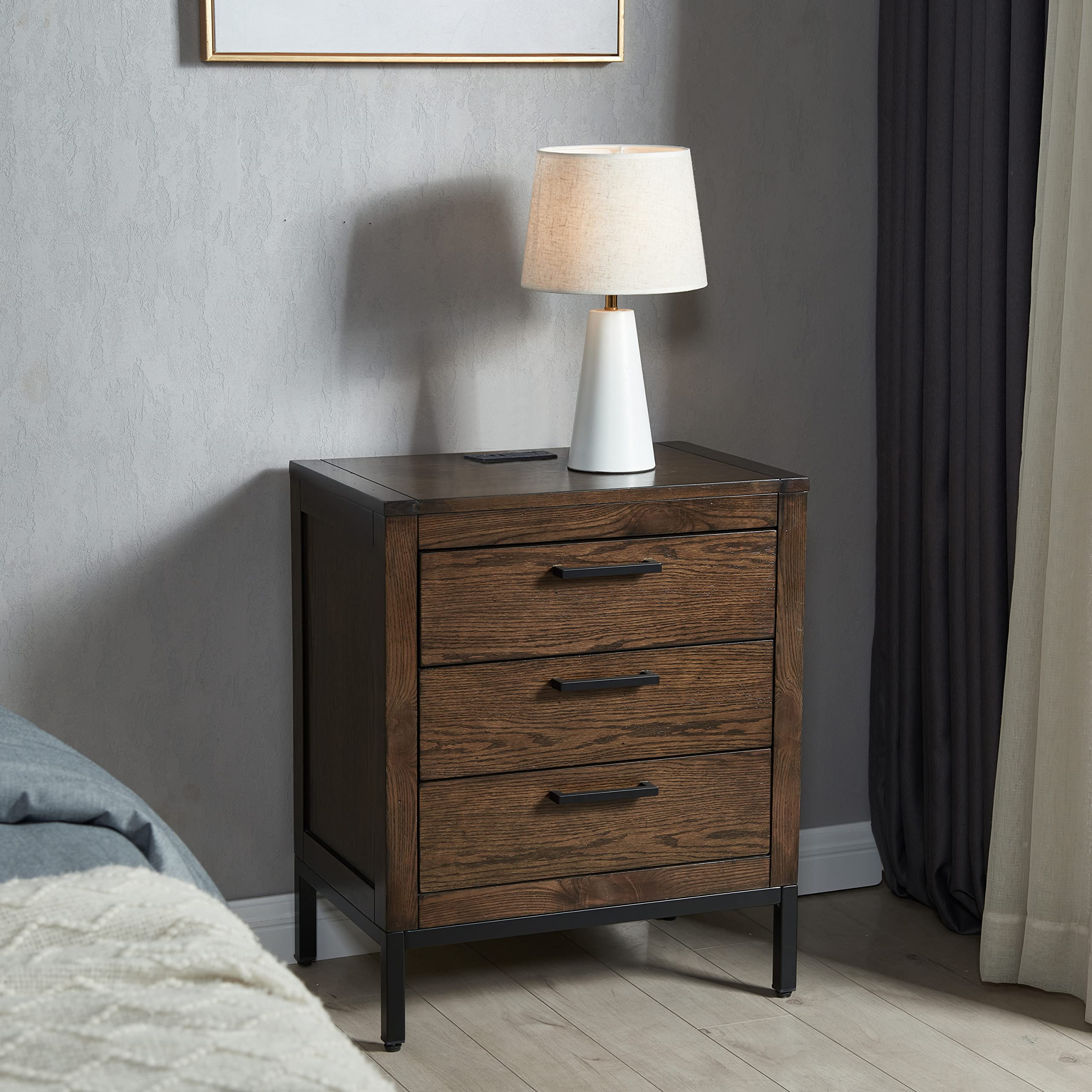 Rustic Modern Nightstand with Drawer & USB-C Fast Charging - Solid Wood Side Table for Bedroom, Living Room & Office - Distressed Riverstone Finish - Perfect for Charging Devices, Storing Essentials & Adding Farmhouse Style to Your Space
