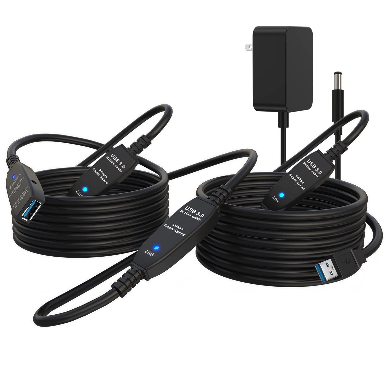 VCZHS 100FT Active USB 3.0 Extension Cable Male to Female with Signal Booster - High Speed Data Transfer & 4 Extension Chipsets - Includes 5V/2A Power Adapter - Perfect for Home Office, Gaming Setup & Long-Distance Device Connections