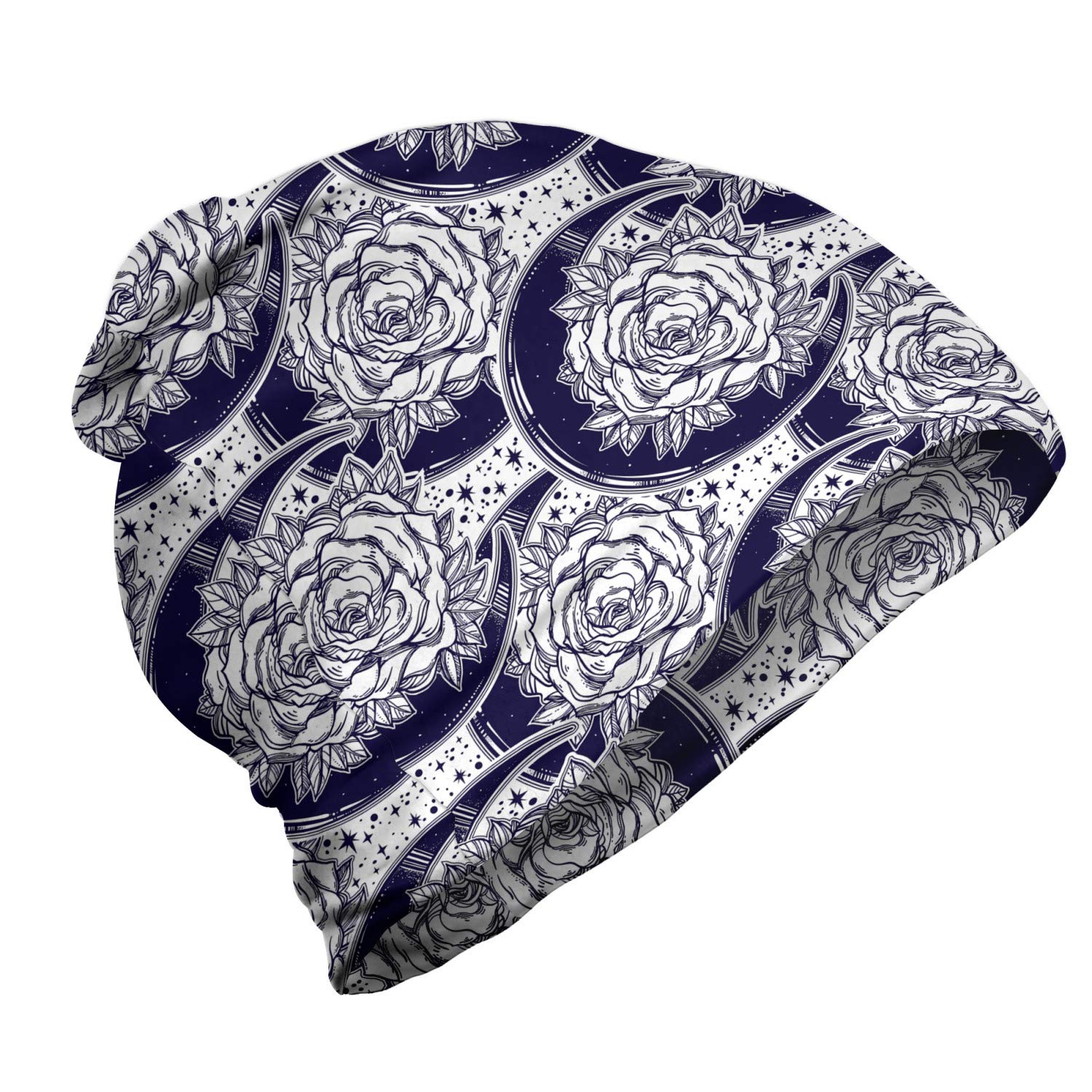 Ambesonne Unisex Beanie - Bohemian Roses and Moon Design - Warm Winter Knit Hat for Men & Women - Perfect for Hiking, Camping, and Outdoor Adventures