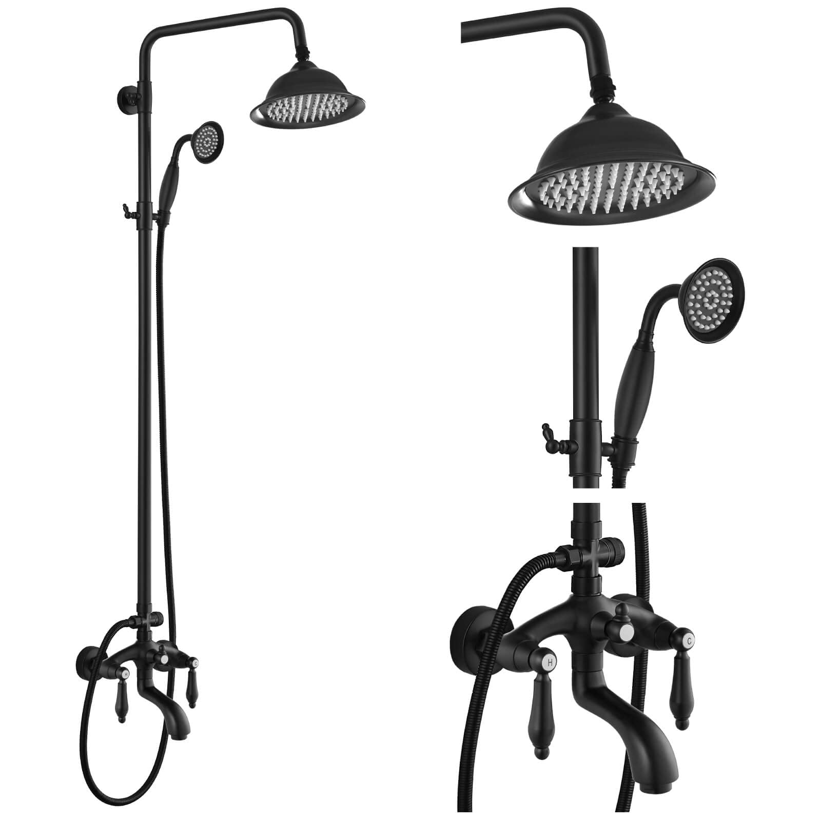 Gotonovo Matte Black 8 Inch Exposed Bathroom Shower System - Round Rainfall Shower Head with Adjustable Handheld Spray, Wall Mounted Double Lever Handles, Tub Spout - Triple Function Shower Fixture Set for Modern Bathroom Renovation (Ideal for Spa-Like Experience & Water Saving)