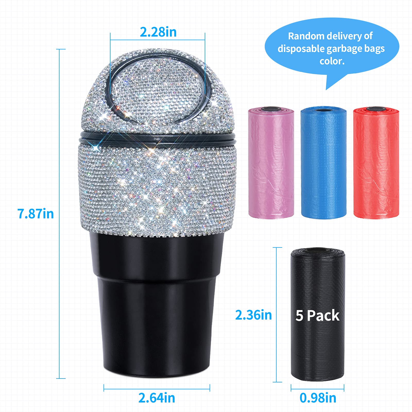 Bling Crystal Car Trash Can with Lid - Mini Auto Garbage Bin for Car, Office & Home - Includes 5 Pack Disposable Bags - Perfect for Women's Vehicles & Cup Holder Use - Silver