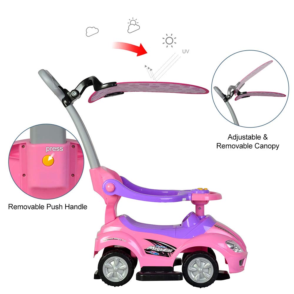 3-in-1 Pink Toddler Push Car with Removable Canopy, Handle, Horn & Music - Ride-On Toy for Kids 1-3 Years | Indoor & Outdoor Play, Birthday Gifts, Park Adventures