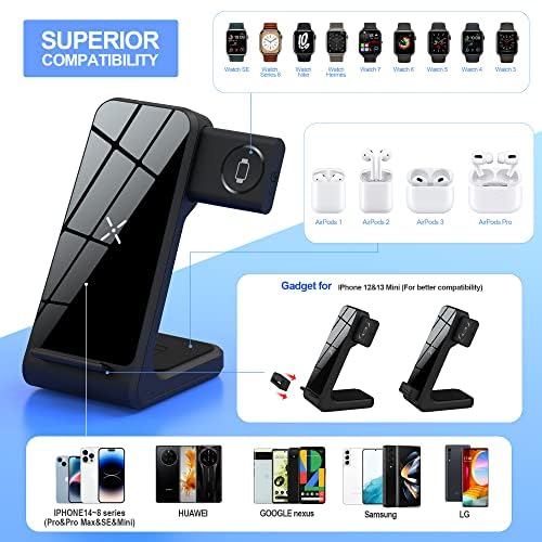 3-in-1 Fast Wireless Charging Station Stand for iPhone 15/14/13/12/Pro/Max, Samsung Galaxy S23/S22/S21/Note, AirPods - Qi Certified Charger Pad for Home, Office & Nightstand (Black)