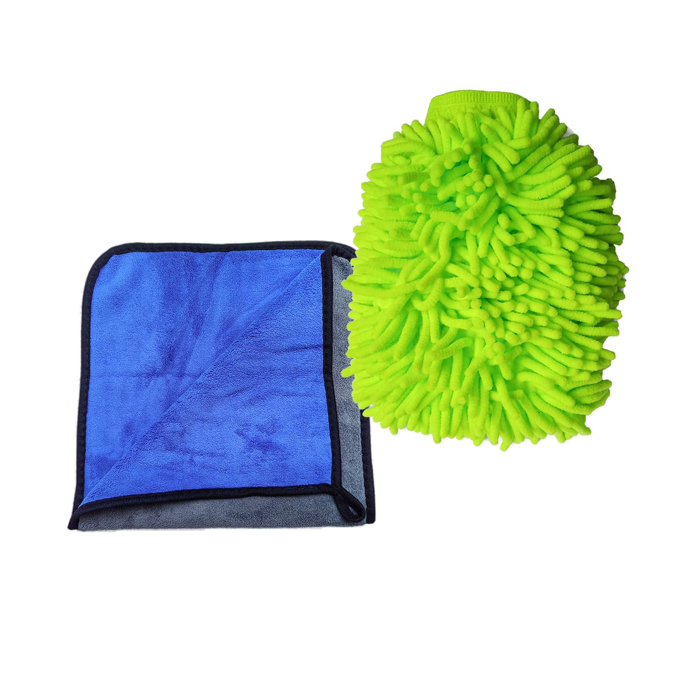Premium Car Wash Mitt & Microfiber Towels Set - Super Absorbent Chenille Wash Mitt & Detailing Towels for Auto Waxing, Polishing & Car Cleaning (Bright Green/Grey-Blue) - Perfect for Car Detailing, Home Cleaning & DIY Auto Care
