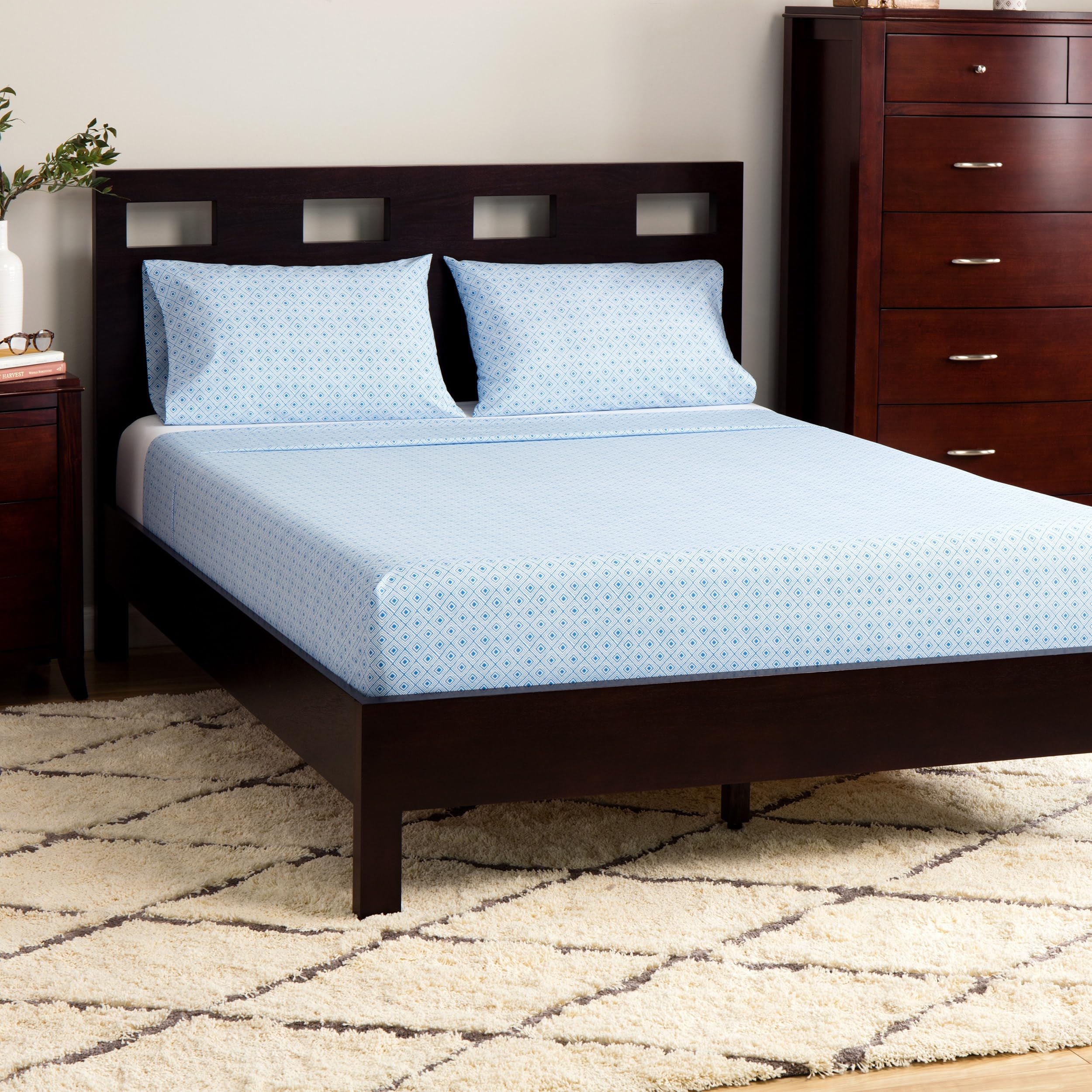Belle Epoque Traditional Diamond Pattern Luxury Queen Size Bed Sheet Set - Soft 100% Cotton Blue Bedding for Master Bedroom & Guest Room