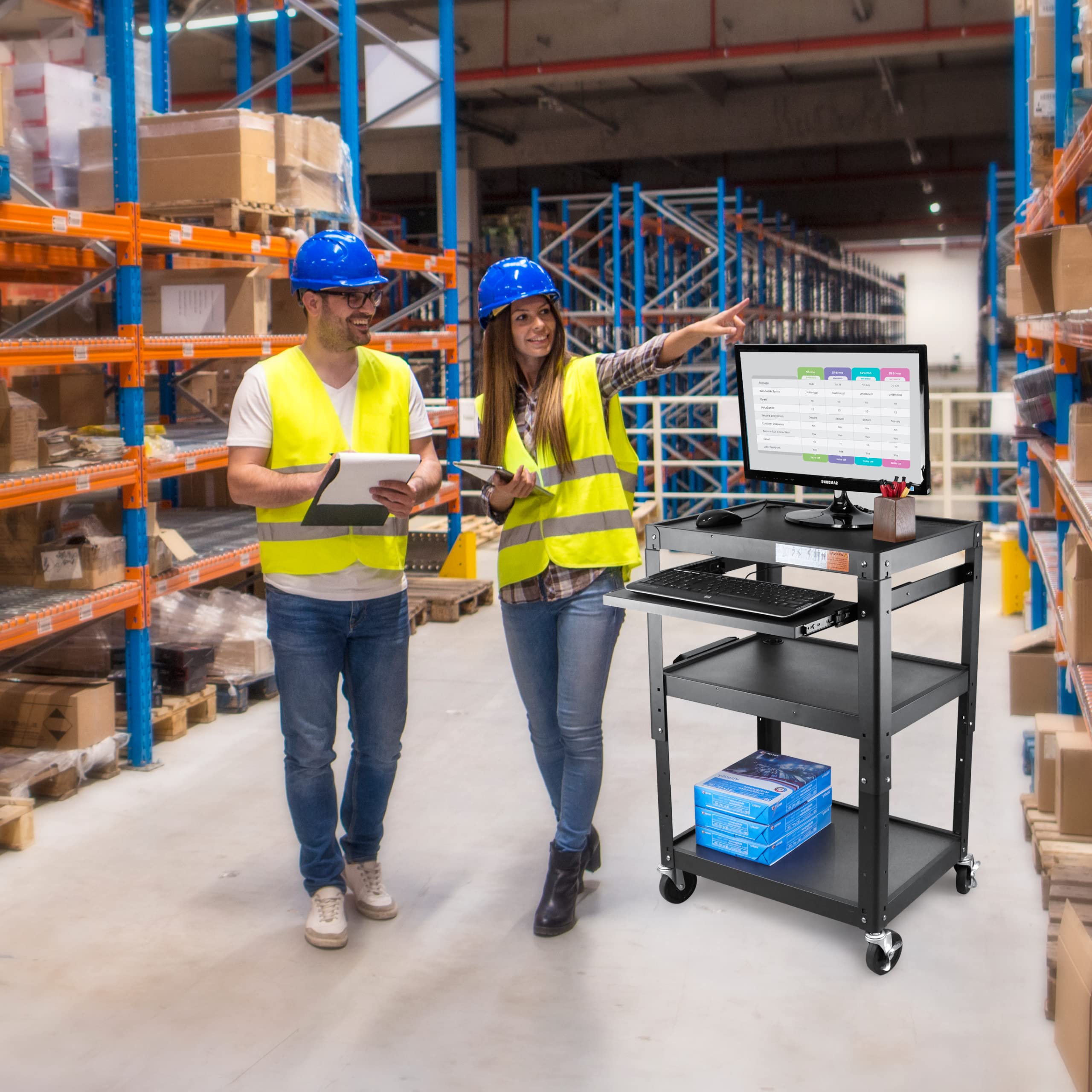 AV Presentation Cart Stand for Video Projector, TV, Laptop, Printer - Heavy Duty Metal Rolling Cart with Adjustable Shelves, 4 Wheels & Power Outlets (300 lbs Capacity, 5.75ft Cord, Black) - Perfect for Classrooms, Offices & Conference Rooms