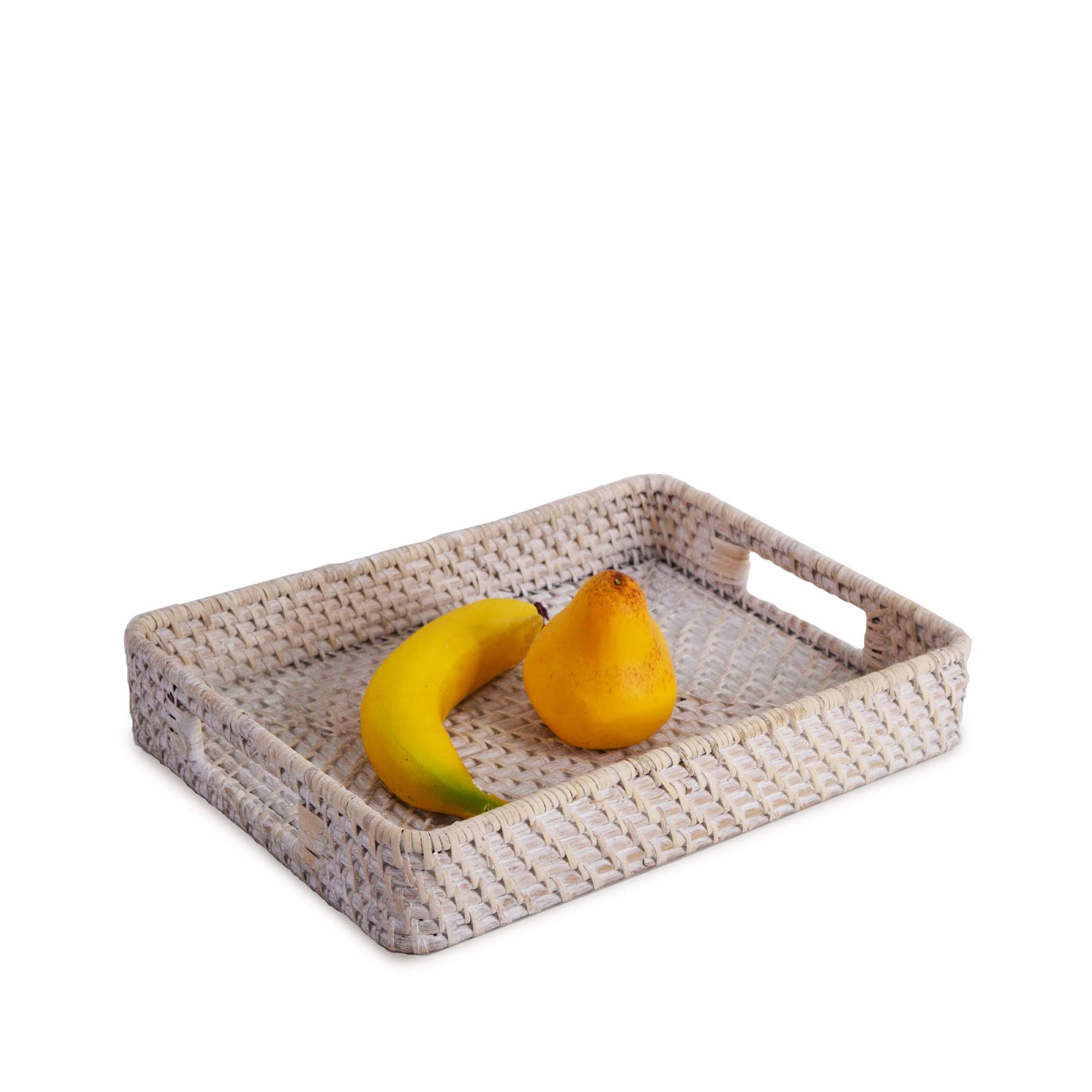Handwoven Whitewashed Wicker Serving Tray with Handles - 13.5