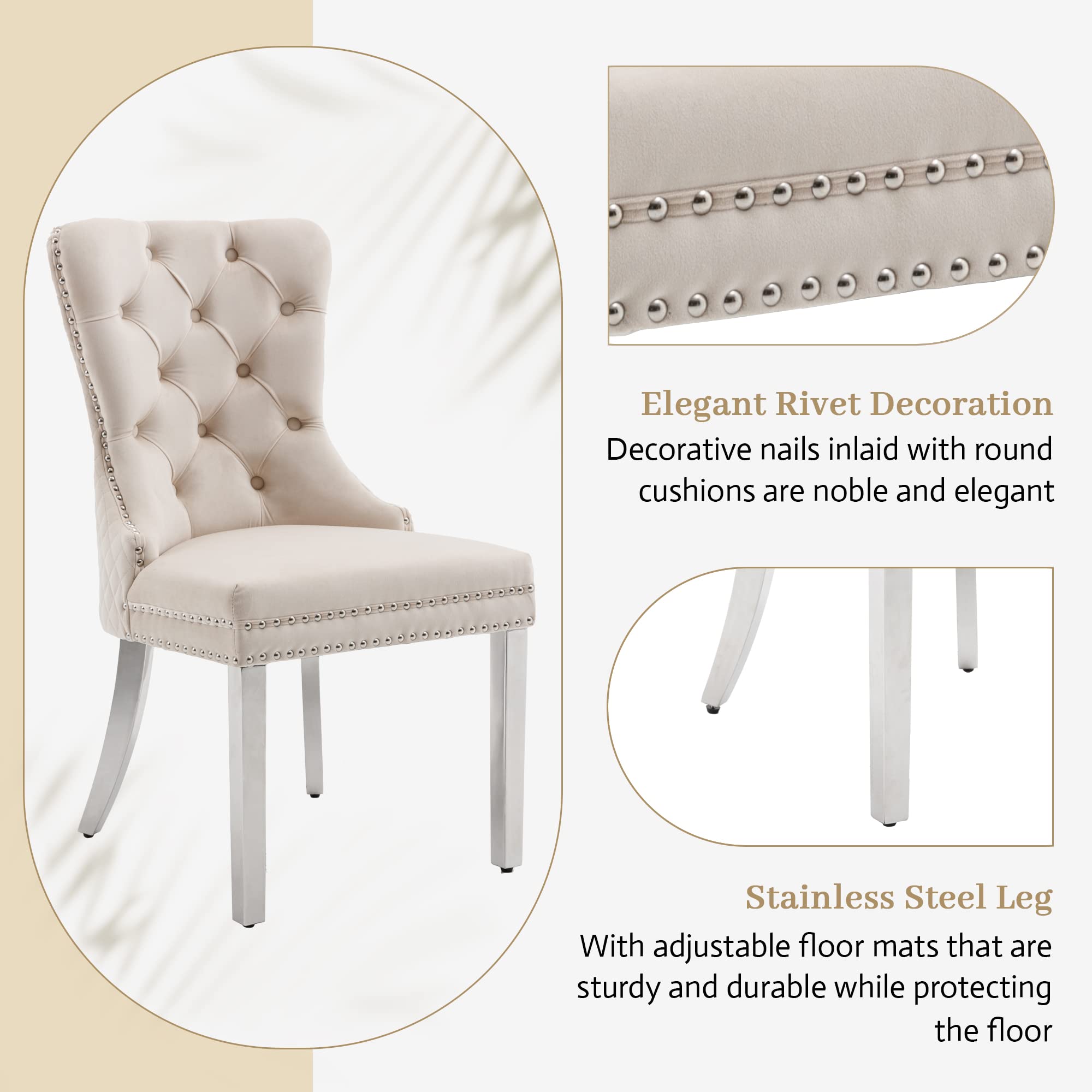 KCC Velvet Upholstered Dining Chairs Set of 2 - Modern Button Tufted Accent Chairs with Lion Head Pull Rings & Stainless Steel Legs for Living Room, Kitchen, Dining Area - Soft Beige Velvet Fabric - Perfect for Home Decor, Entertaining Guests & Cozy Meals