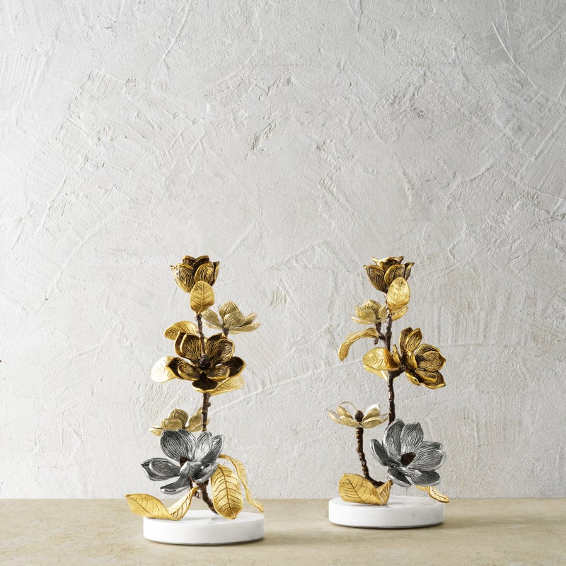 Vintage Bloom Candle Holders - Set of 2 Antique Style Floral Metal Candle Sticks for Wedding Centerpiece, Romantic Dinner, Home Decor & Table Setting