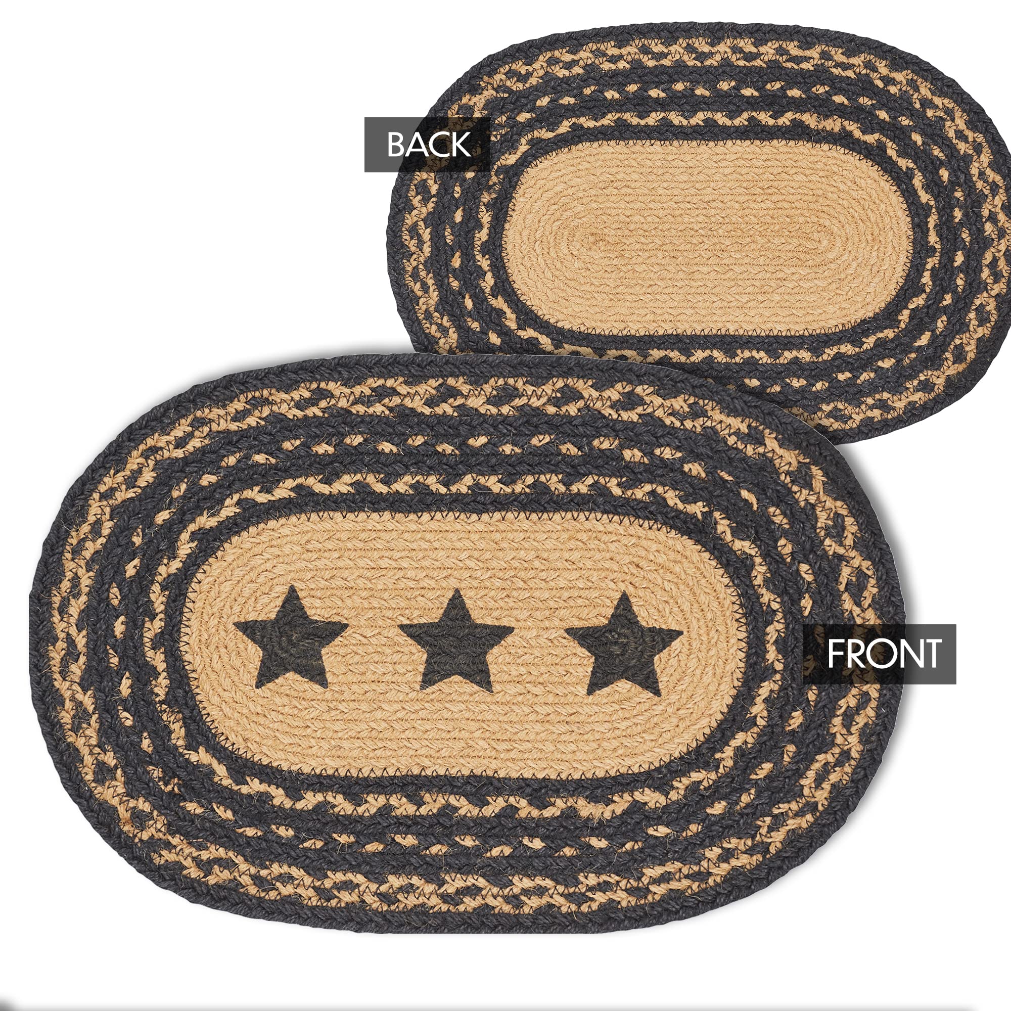 VHC Brands Farmhouse Star Braided Jute Placemat Set - Oval Dining Table Mats (10x16 Inches, Black & Tan) - Rustic Home Decor for Kitchen, Dining Room & Holiday Tablescapes