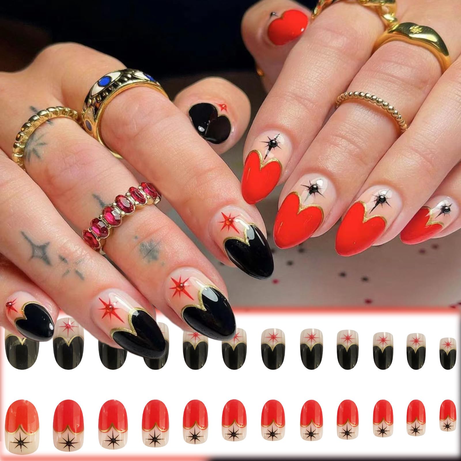 Red & Black Heart French Tip Press On Nails - Short Almond Fake Nails with Punk Design, Glossy Nude False Nails with Pearl Star Manicure Art - Easy Glue On Nails for Women & Girls - Perfect for Parties, Date Nights & Y2K Fashion Looks